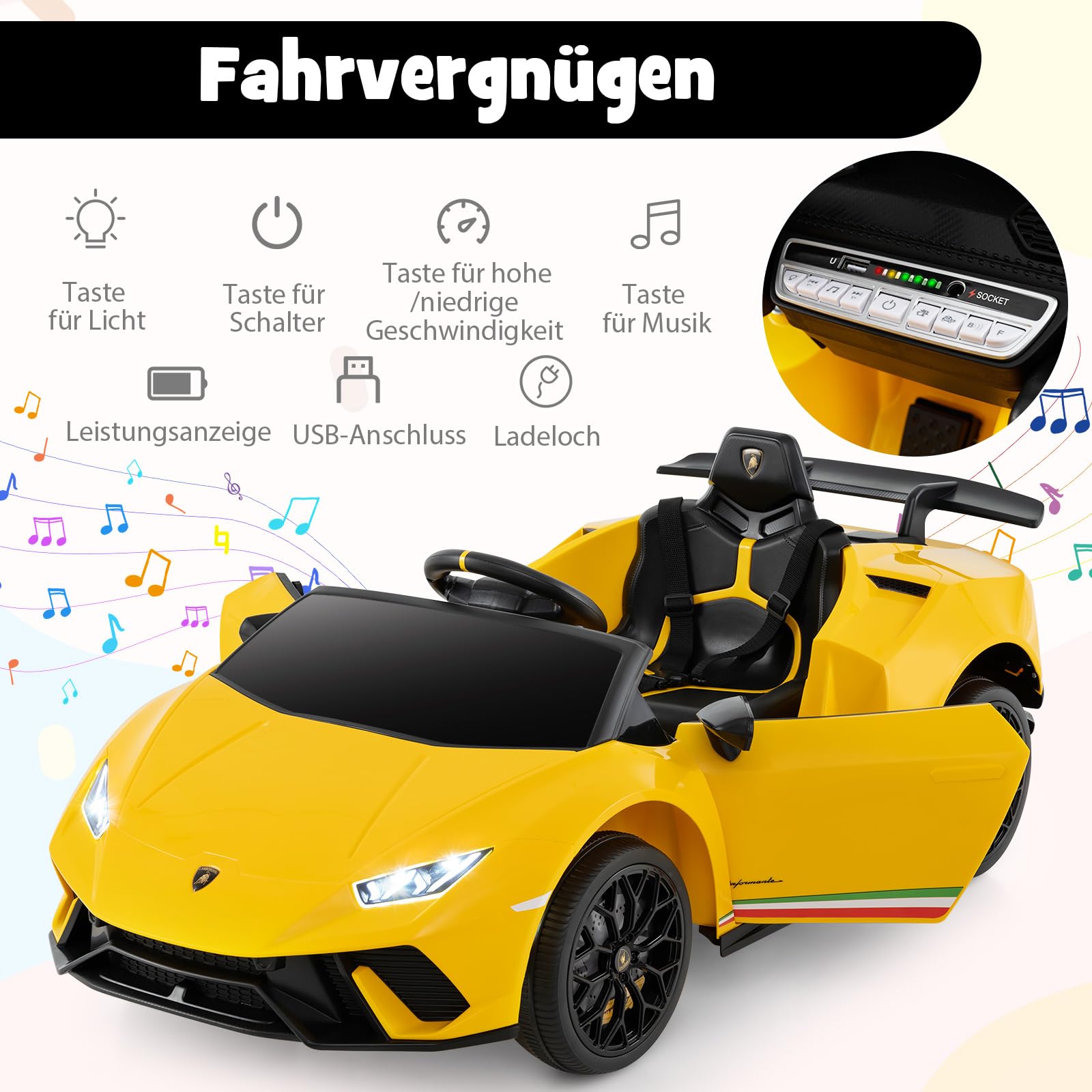 DREAMADE Lamborghini Kinder Elektroauto, 12V Kinderauto mit Fernbedienung, LED-Leuchten, Musik, Hupe, Softstart & Stoßdämpfern, Elektrofahrzeuge für Kinder ab 3 Jahre (Gelb)