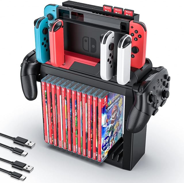 MANMUVIMO Switch Game Organizer Storage Switch TV Dock Charging Station Stand Switch Dock Storage Stand Kit Nintendo Switch Accessories Rack for 15 Game Case, 28 Game Card, 4 Joy-con, 2 Pro Controller