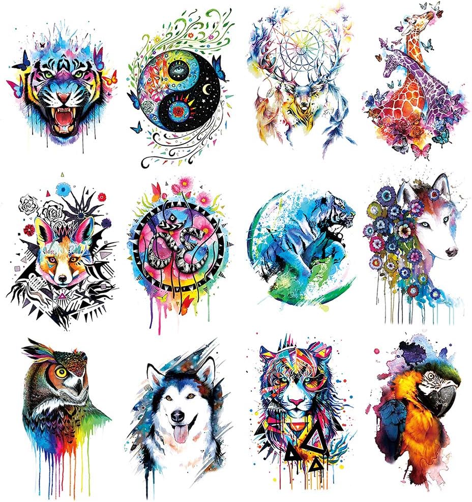 Oottati 12 Sheets Large Temporary Tattoos - 21x15cm Flower Arm Watercolor Hand Paint Fox Wolf Tiger Tai Chi Giraffe Deer Dream Catcher Owl Macaw Parrot For Men and Women