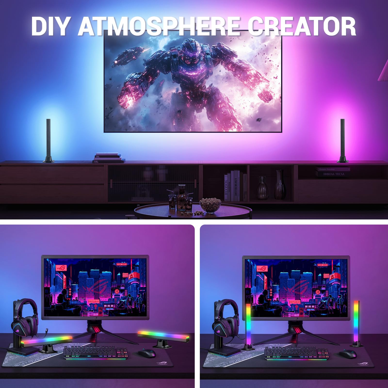 Smart LED Lightbar, 2 szt. 32cm Akcesoria Gamingowe Podświetlenie TV Tła, Synchronizacja z Muzyką przez APK i Pilot, Oświetlenie Ambientowe do Telewizora, Monitora, Pokoju