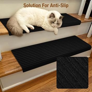 15 PCS Self-Adhesive Stair Treads for Carpet Steps - Non-Slip Stair Mats, Fabric Reusable Anti-Slip Stair Pads for Home Pets & Elders (Black, 60x23cm)