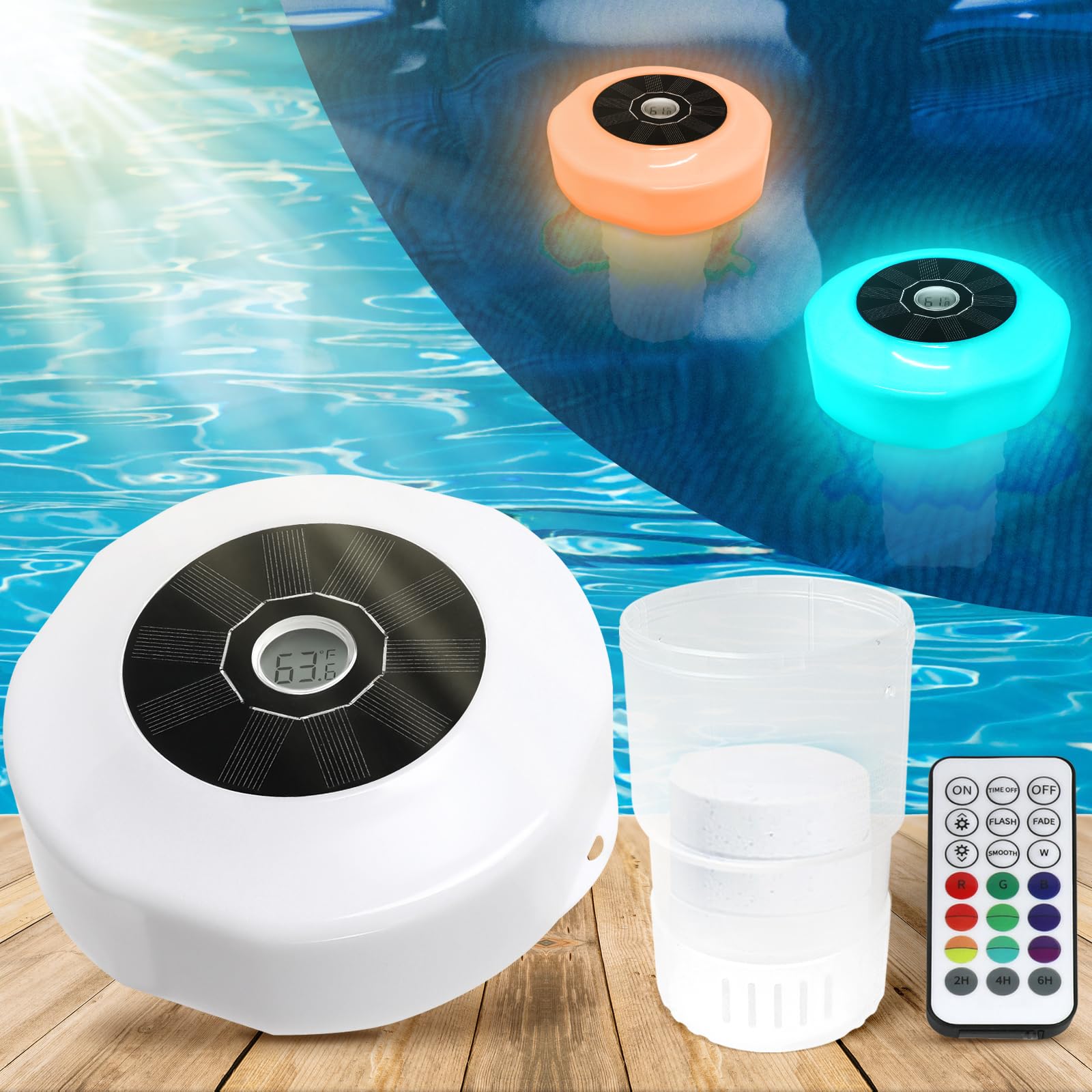 Photo 1 of Pool Chlorine Dispenser Floater for 3 Inch 4 Tablets with Solar Light and Digital Thermometer,Floating Swimming Pool Chlorine Dispenser with Remote Control for Pool Spa Hot Tub M with temp