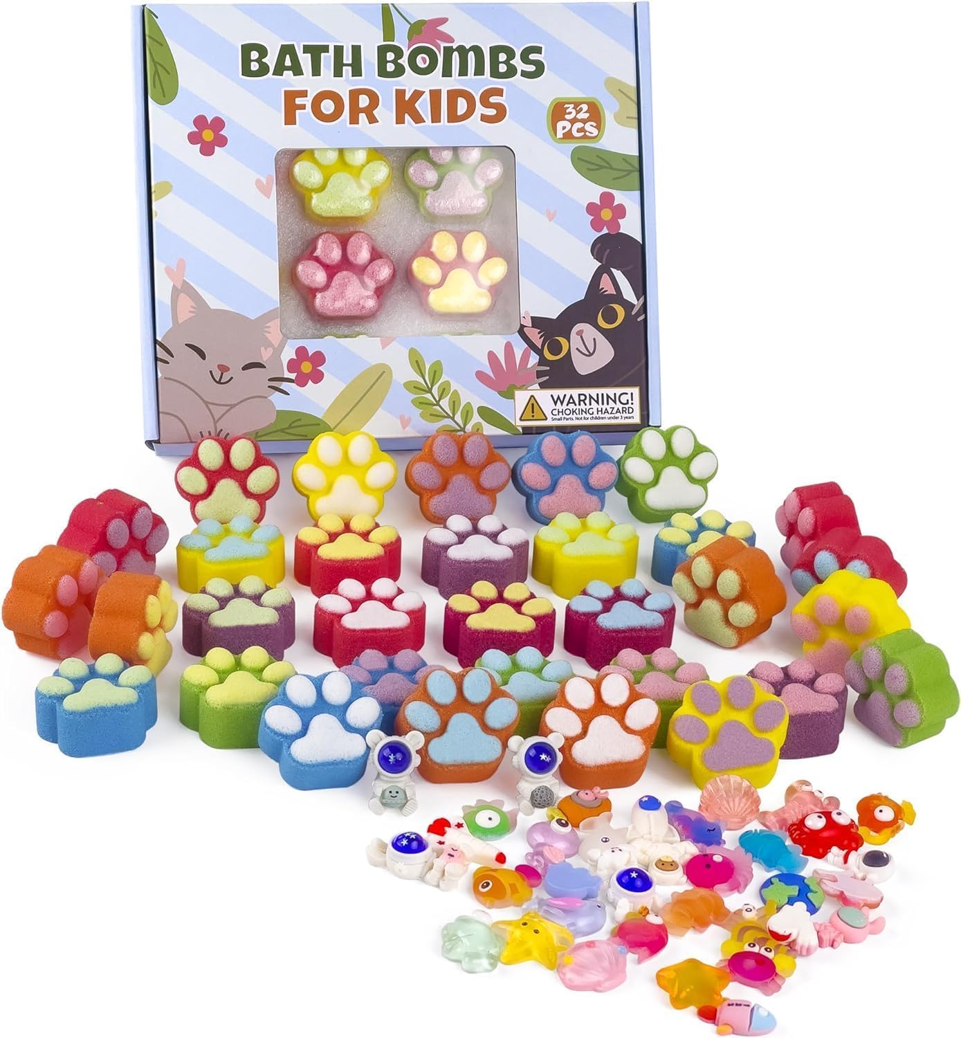 Badebomben für Kinder mit Überraschung im Inneren, 32er-Pack Pfoten-Badebomben mit Spielzeug, Meerestieren und Weltraumplaneten-Spielzeug