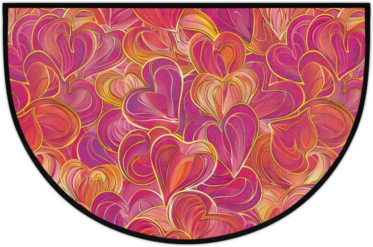 Half Round Door Mat Valentine's Day Heart Abstract Non-Slip Semi Circle Area Rug Washable Semi Circle Floor Rug for Indoor Outdoor Living Room Bathroom Kitchen Patio Hearth Rugs Home Decoration
