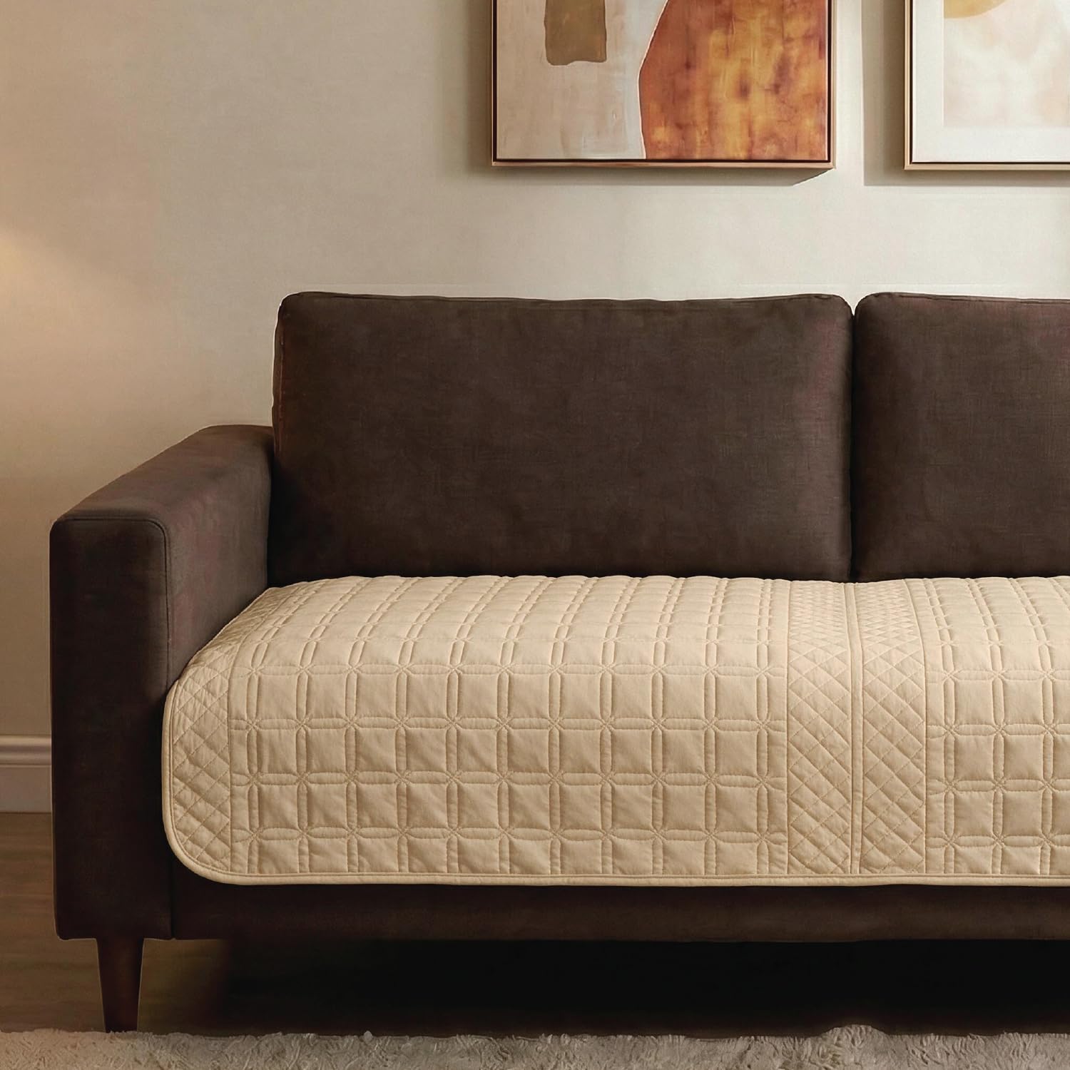Urban Space Velvet Embroidery Quilted Sofa Cover mat, Premium 3 Seater Non-Slip Sofa slipcover, Easy Care & Machine Washable, Seat Runner for Couch for Living Space (3 Seater - Cuboid Beige)-image-12