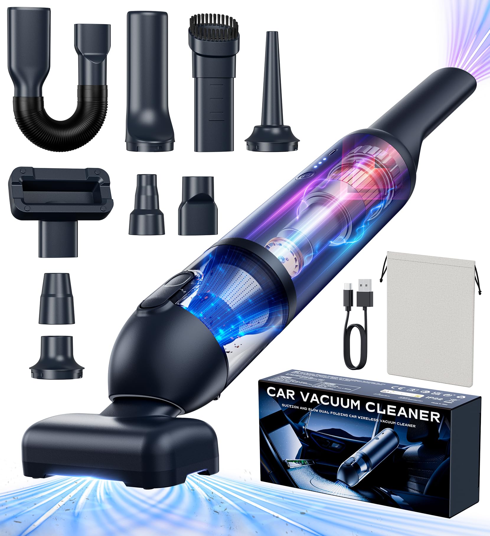 Aspirador de Mano, 16000PA Aspiradora de Mano 9 en 1 con Motor sin Escobillas, Aspirador sin Cable con 2 Niveles de Succión, Aspirador de Mano Potente para PC,Casa,Rincones,Oficina,Pelo de Mascota