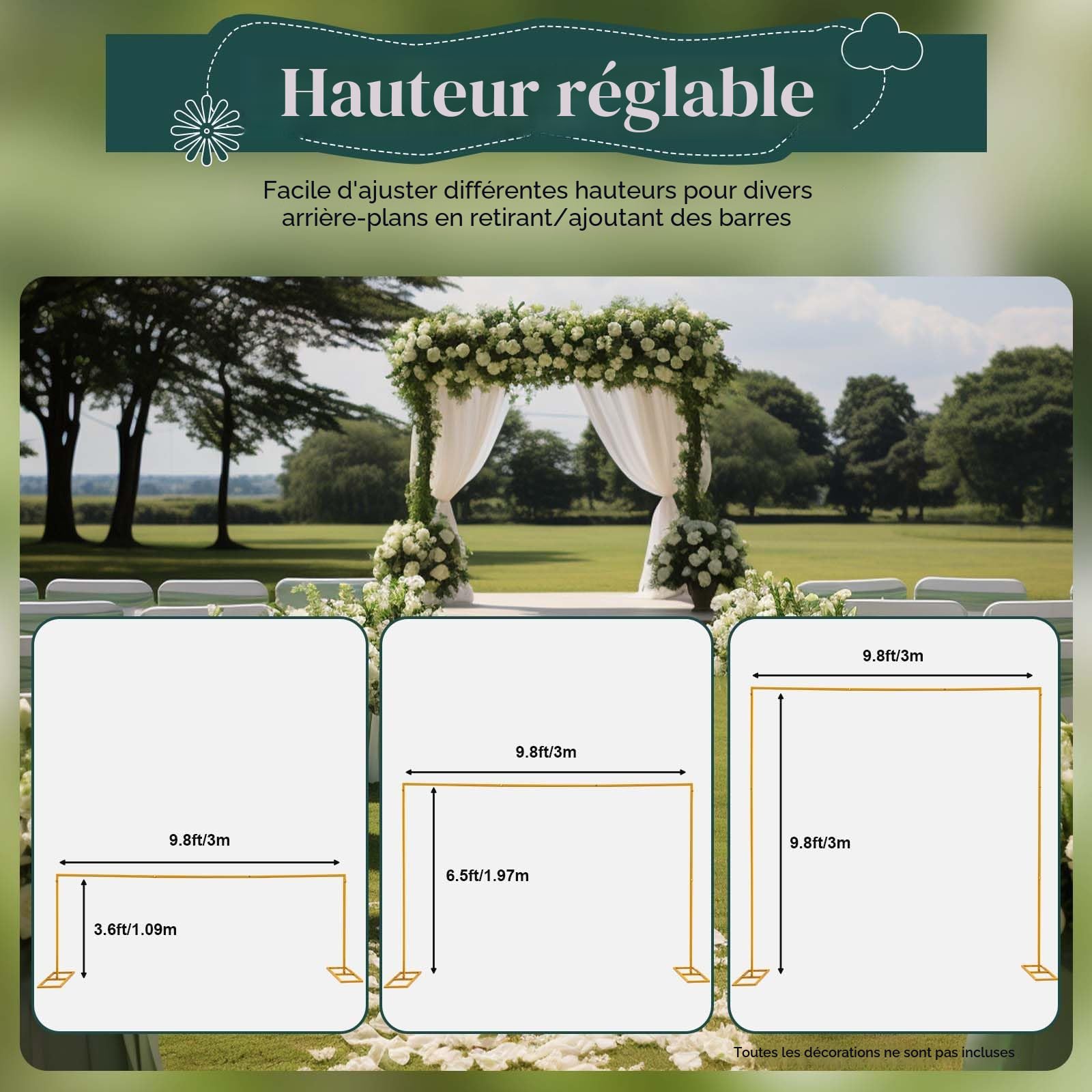 Arche de mariage en métal - 3 x 3 m - Structure réglable en hauteur pour mariage, anniversaire, fête d'anniversaire, banquet