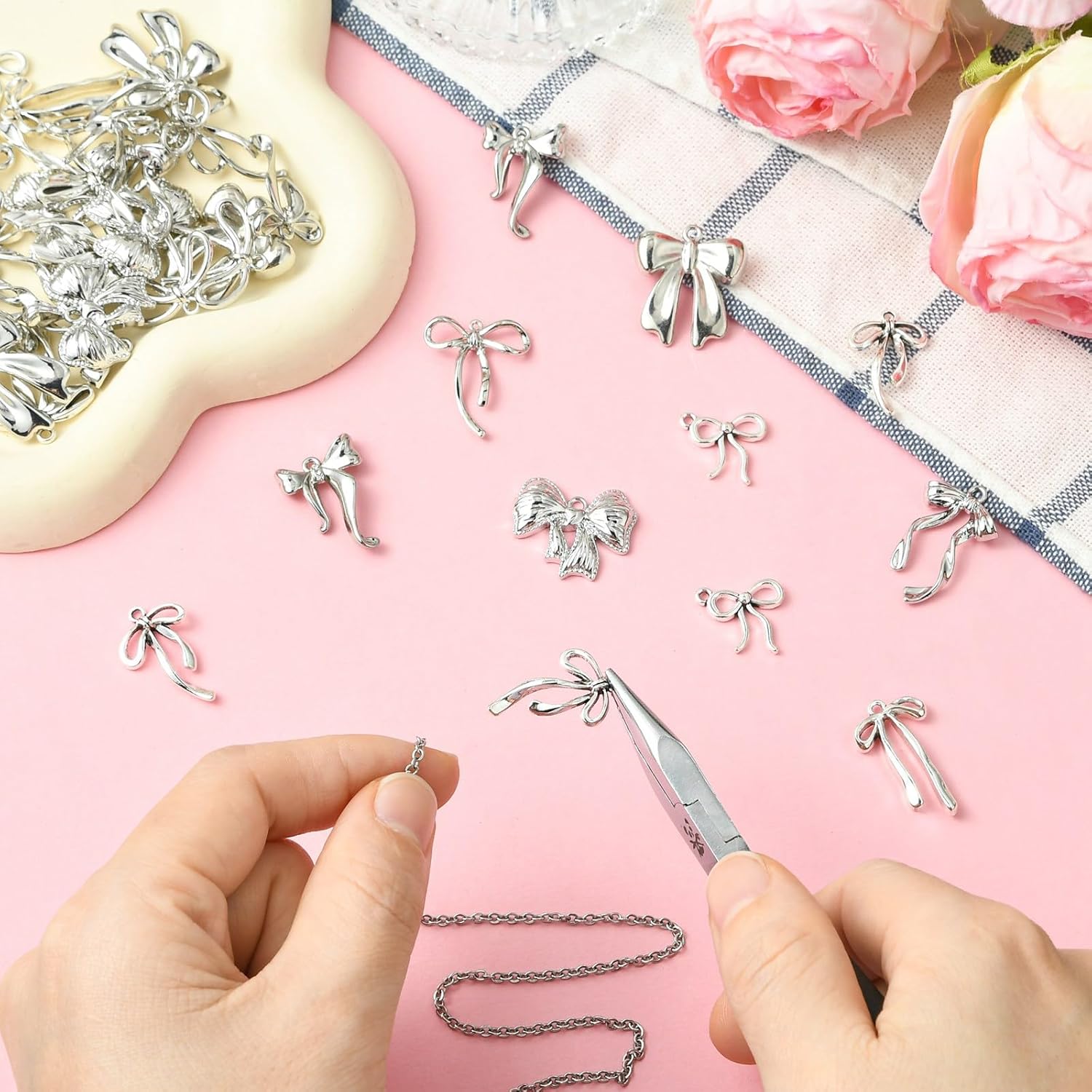 DanLingJewelry 40Pcs 10 Styles Platinum Color Alloy Bowknot Pendants Cute Butterfly Bow Charms for DIY Necklace Bracelet Earrings Jewelry Making - Image 4
