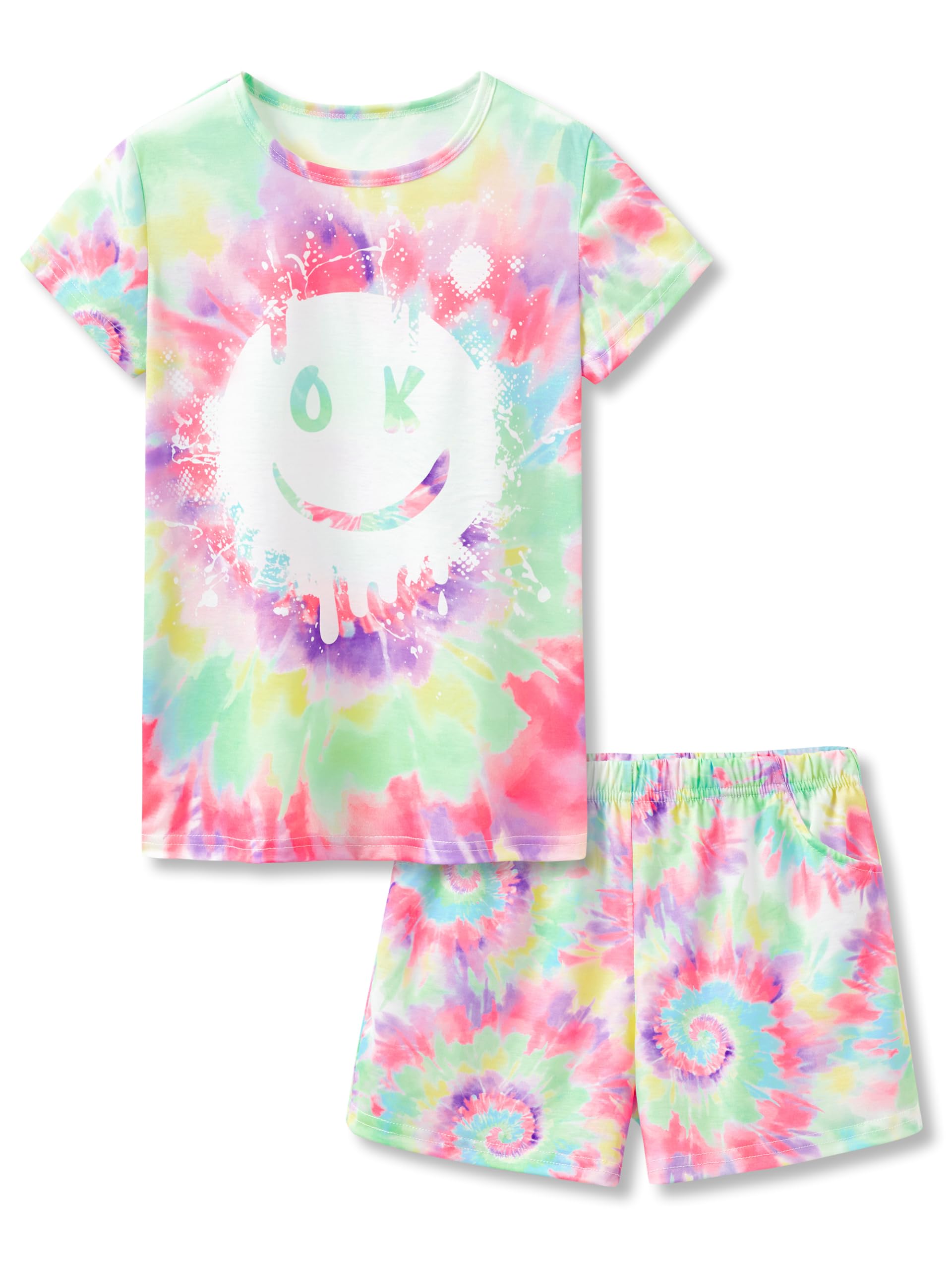Beezizac Neon Tie Dye Spiral Pattern/Butterfly Pajamas for Girls Tee & Shorts PJ Set Size 6-18