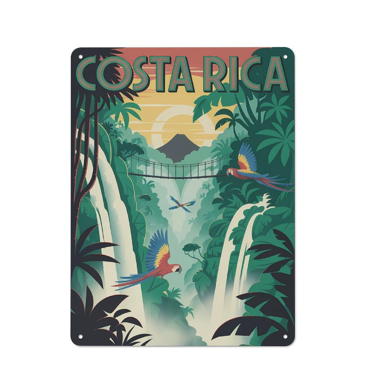 Vintage Metal Plaque 40x30cm Featuring Costa Rica Tropical Waterfall Scene for Home Bar Wall, A Metal Wall Feature for Home Bars And Entertaining Spaces
