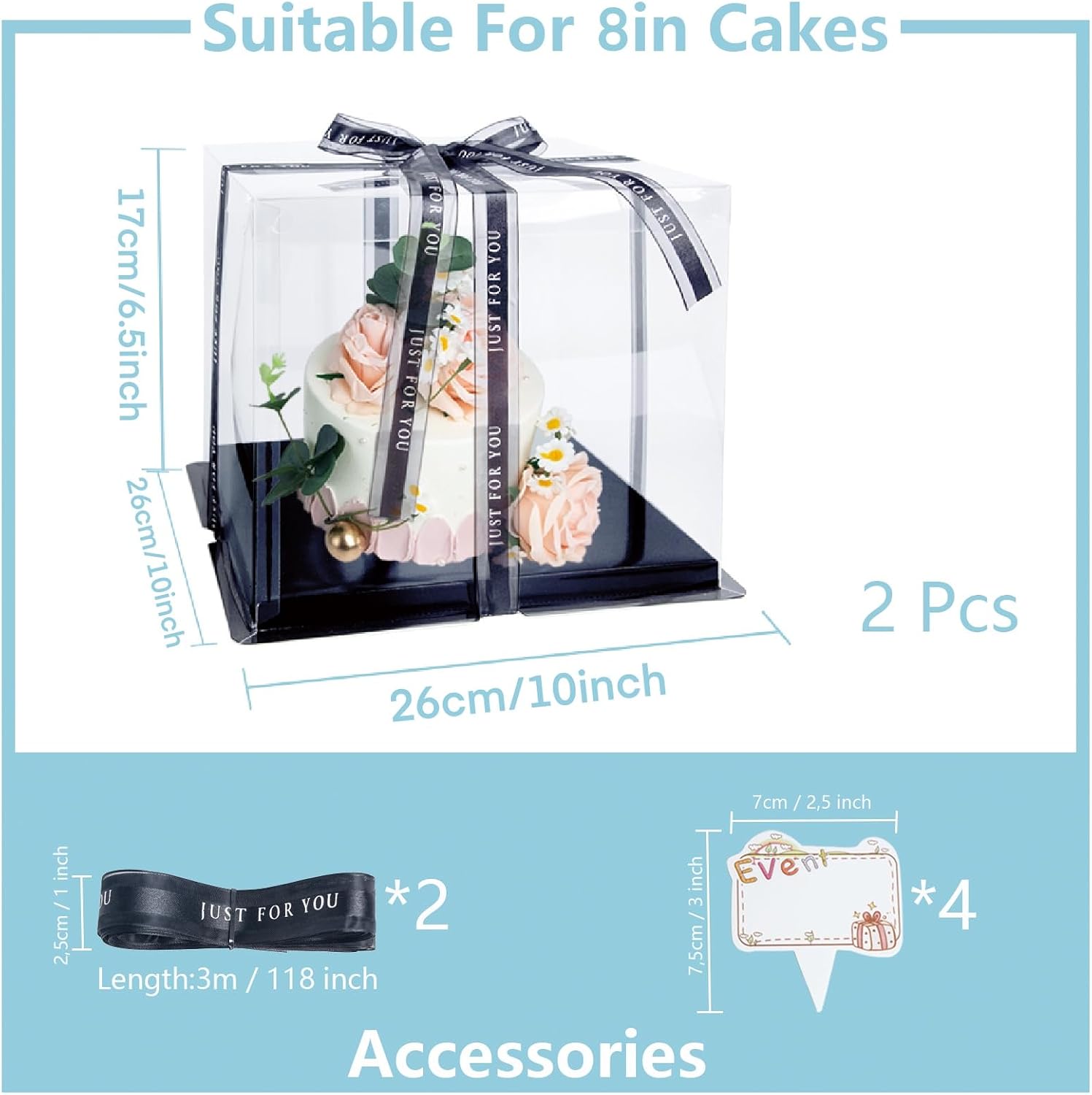 Clear Cake Box, 2 Pcs Transparent Cake Carrier Box with Lids, 8'' PET Packaging Boxes with Ribbon Gift Card for Pastries, Clear Gift Boxes for Birthday, Wedding and Festival Party, Black.