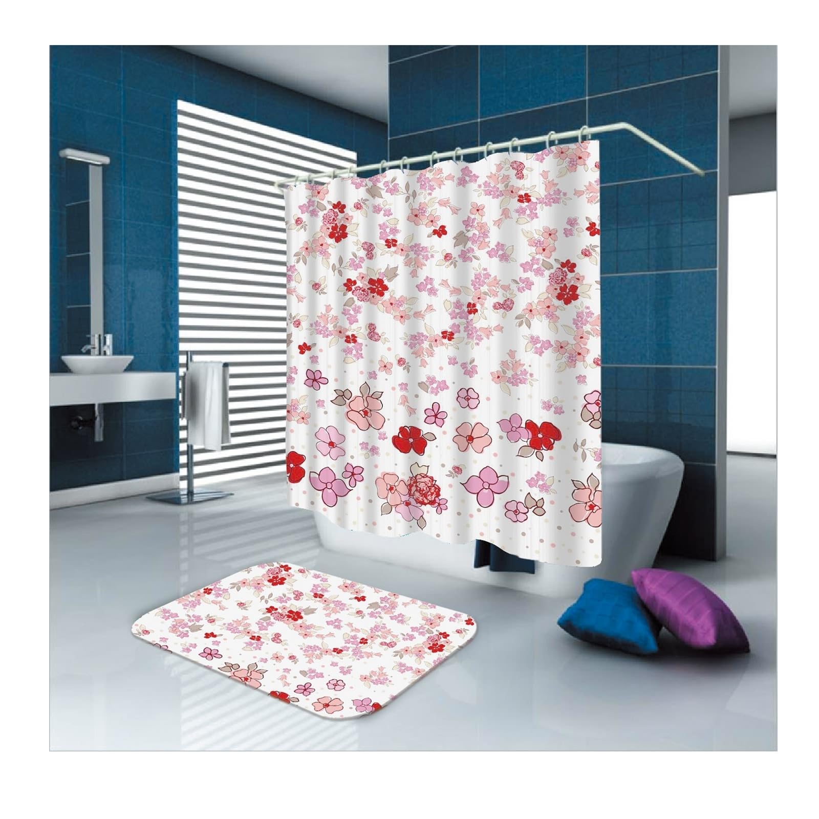 Rideau de douche floral rouge et rose en tissu polyester lavable 1,8x1,8m