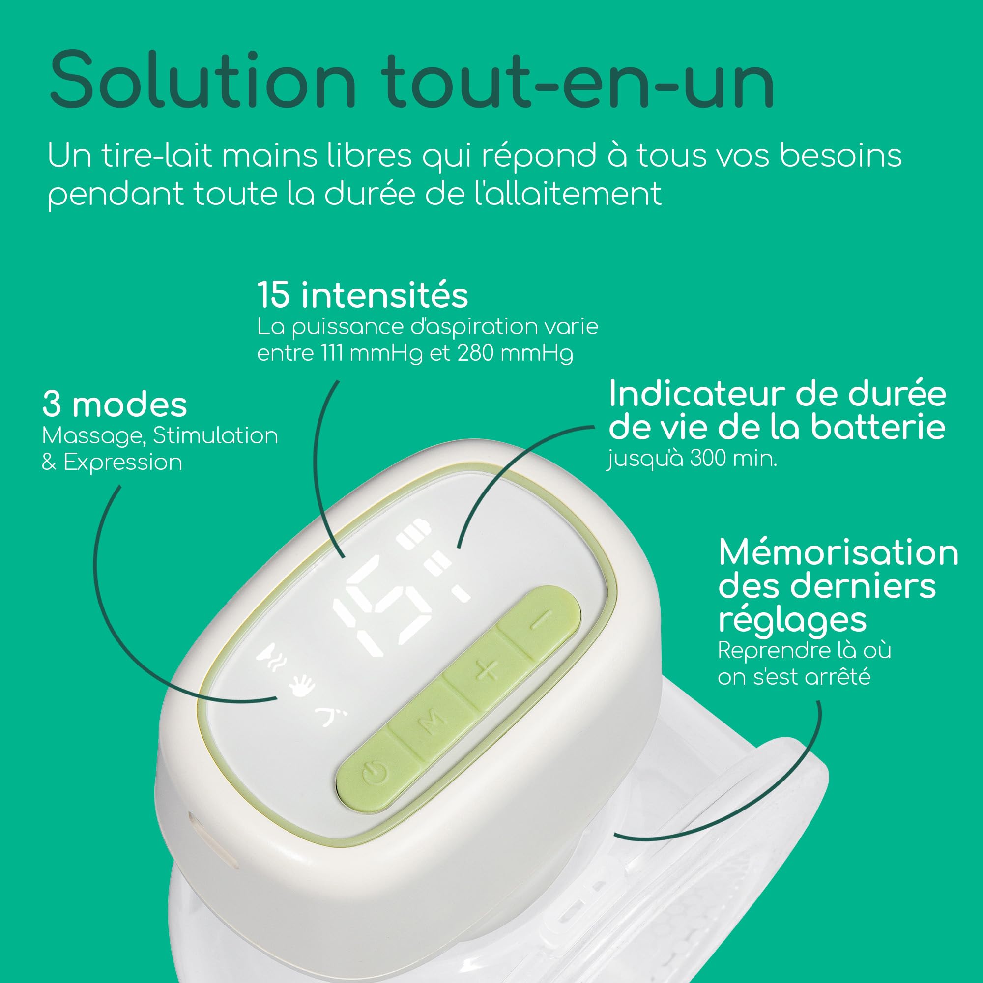 Bebeconfort Discreet Tire lait electrique main libre, Tire-lait nomade, expression silencieuse (51 db), 3 modes d'expression, 15 réglages d'intensité, batterie longue durée, grand conteneur de 210ml