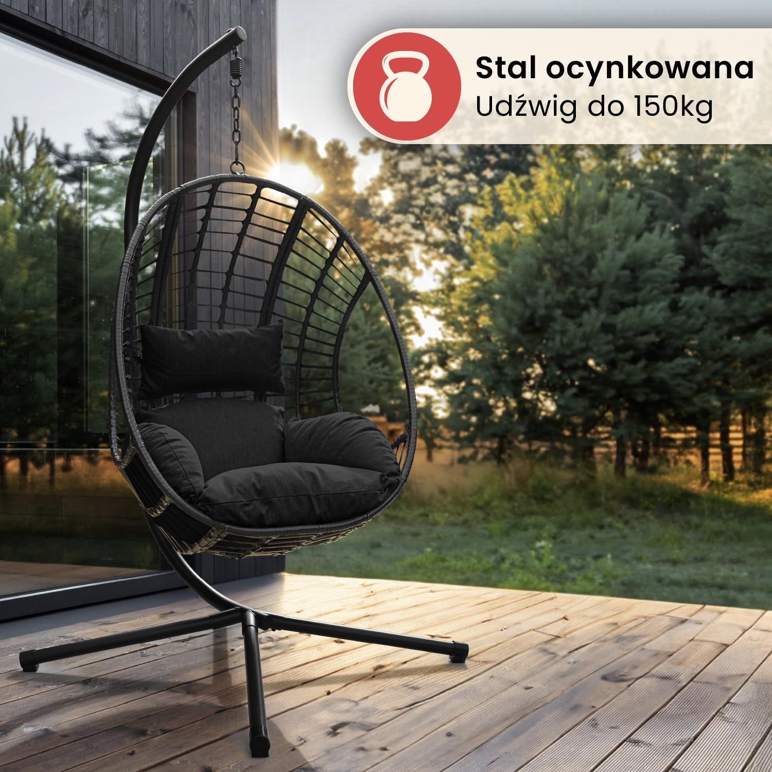 Fotel wiszący Swoods XXL Egg - Fotel wiszący ze stojakiem - Do wnętrz i na zewnątrz - Zawiera poduszki - Odporny na warunki atmosferyczne - Fotel Egg - do 150 kg (Czarny)