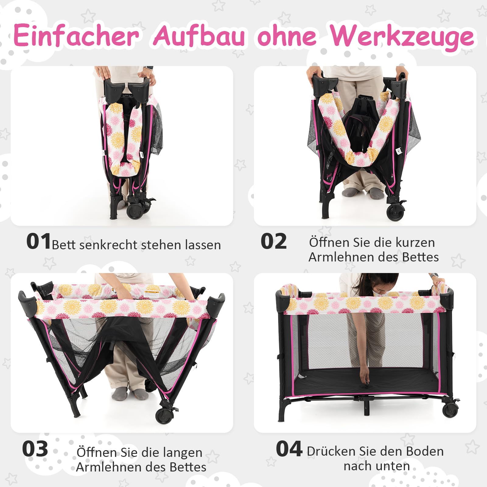 DREAMADE 4 in 1 Kinderreisebett Klappbar, Babybett Höhenverstellbar mit Wickeltisch, Beistellbett mit Tragetasche, für Baby 0-36 Monate