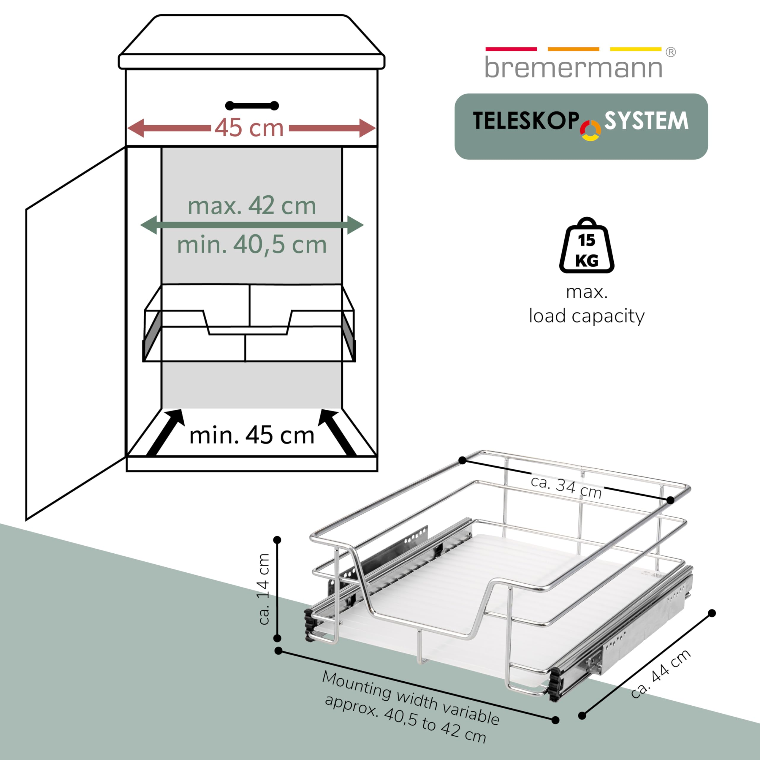 bremermann cassetto telescopico 45 cm con ripiano, per montaggio successivo, con guide telescopiche a sfera, ideale per cucina, bagno e camera da letto, in metallo (Cromo)