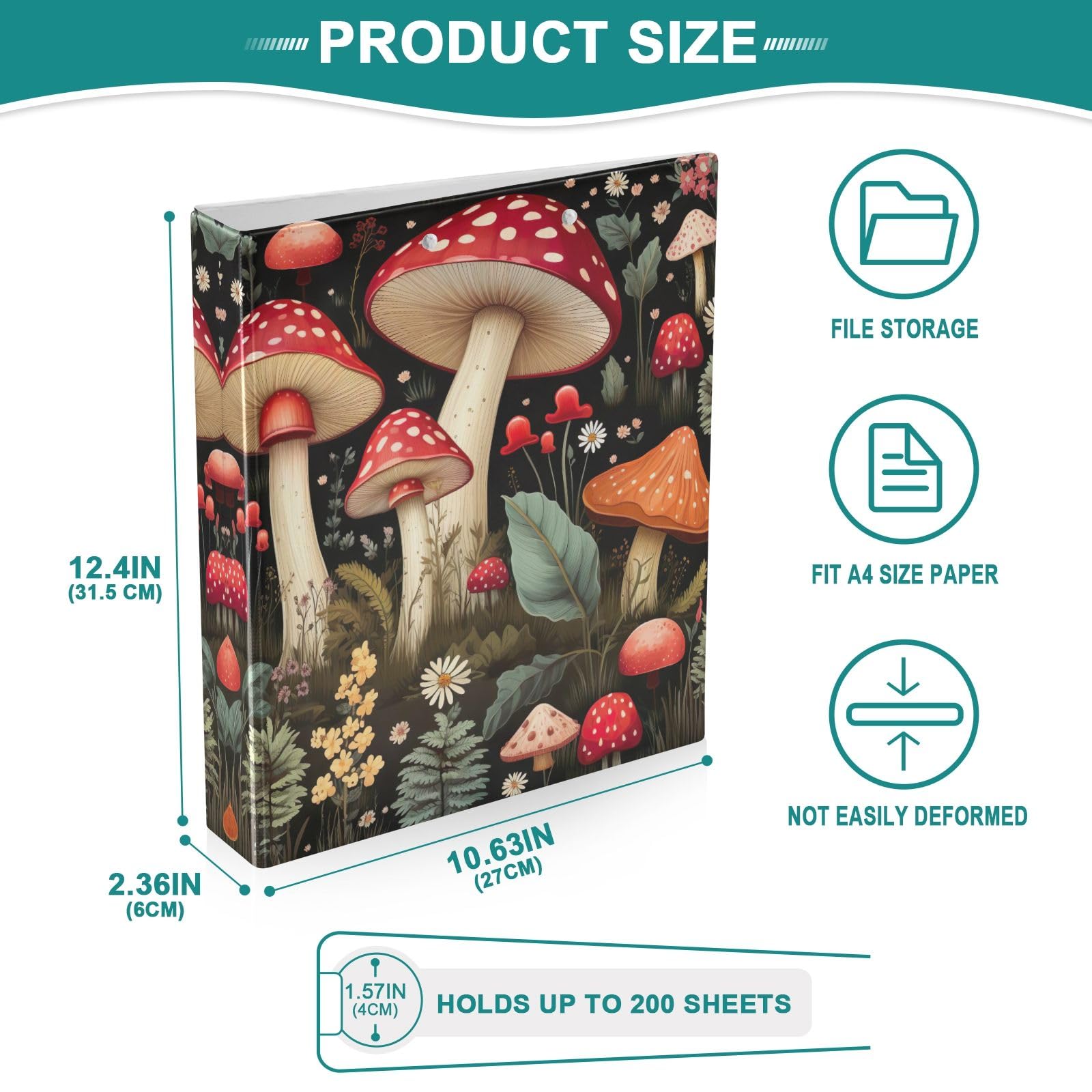 Classeur 3 Anneaux Vintage Champignons Et Fleurs - 3,8 Cm - Avec Poches Intérieures - Pour école, Bureau, Maison