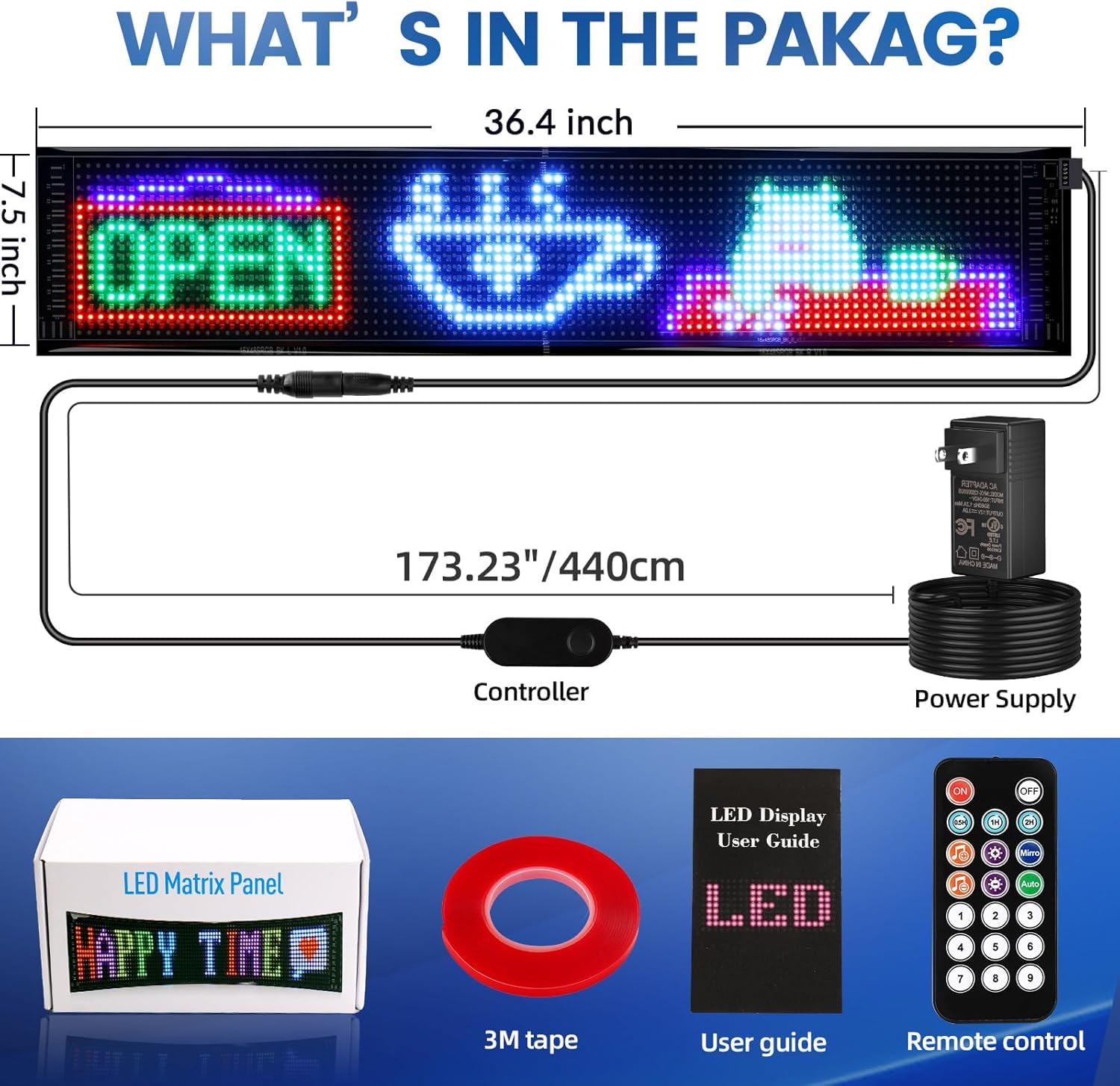 Grand panneau LED programmable, 92 x 19 cm, panneau de magasin LED d'intérieur flexible 12 V avec télécommande, contrôle par application Bluetooth, motif de texte personnalisé, affichage numérique