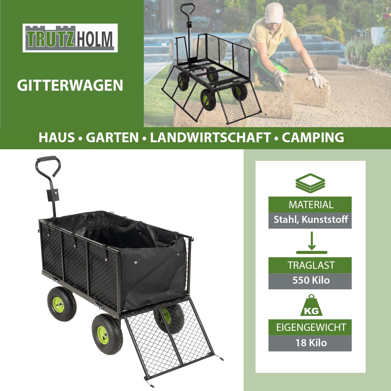 TRUTZHOLM Bollerwagen herausnehmbare Plane bis 550kg belastbar Handwagen Gitterwagen Gartenwagen Transportwagen | mit Rasentraktorkupplung an der Deichsel oder Handgriff gepolstert