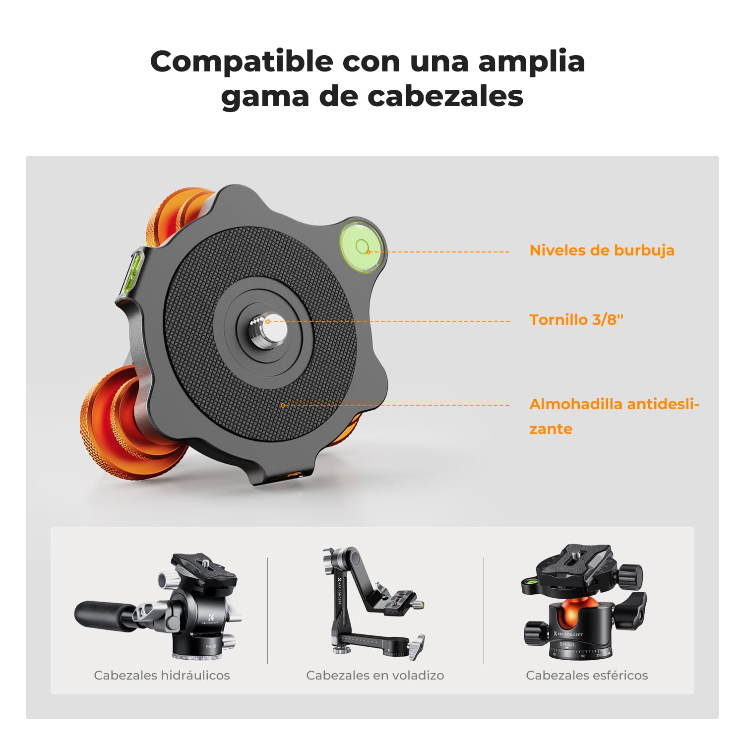 K&F CONCEPT Base Niveladora Trípode con Tornillo de 3/8'', Ajuste Preciso del Ángulo de -5°, Nivelación de Tres Ruedas para Fotografía Macro Panorámica con Adaptador de Tornillo de 1/4'' a 3/8''
