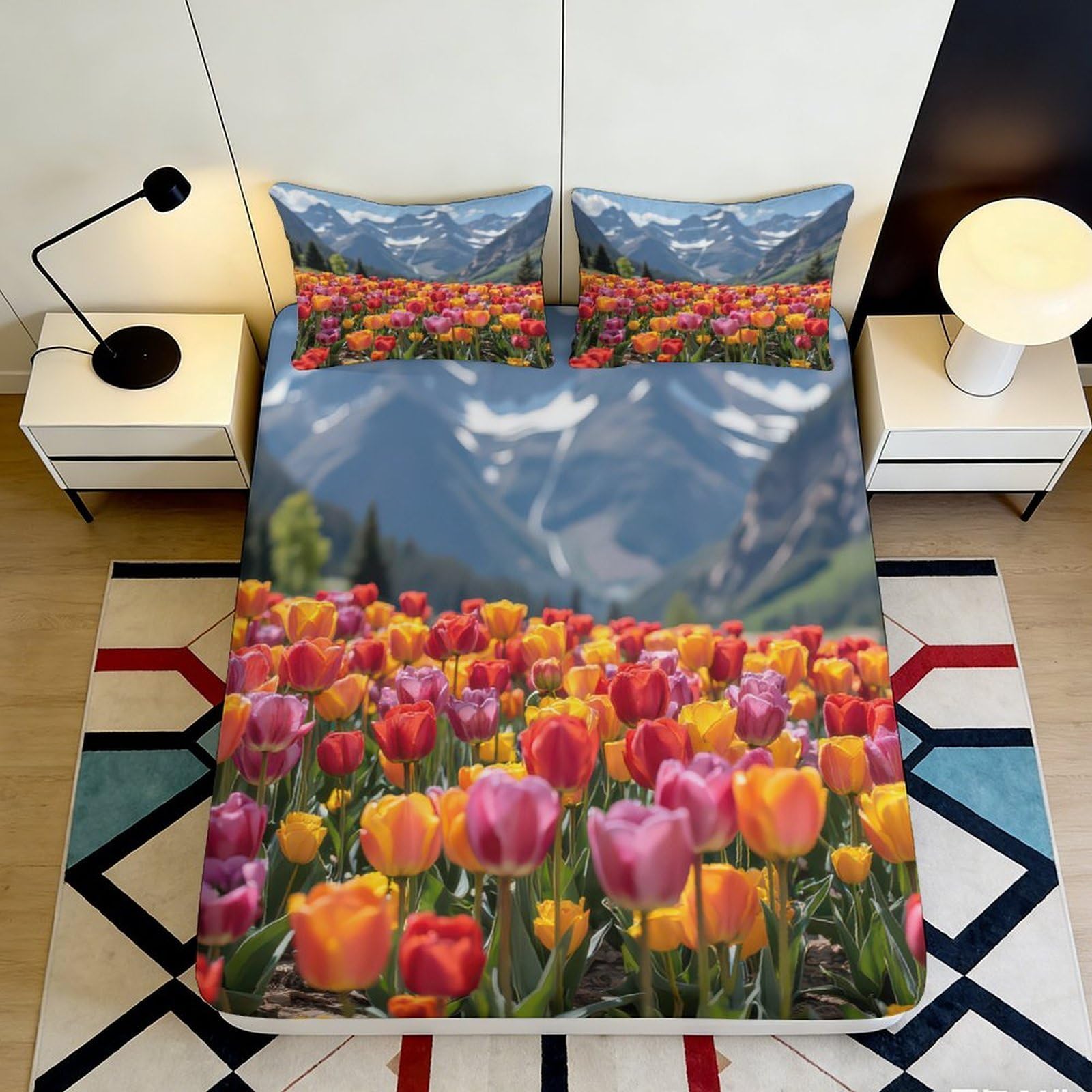 Pnayamiorkfel Style-5 3D Printed Tulip Meadow Fitted Sheet Microfiber Colourful Mountain View Mattress Cover For Bedroom Guest Room Decor 90X200x25cm