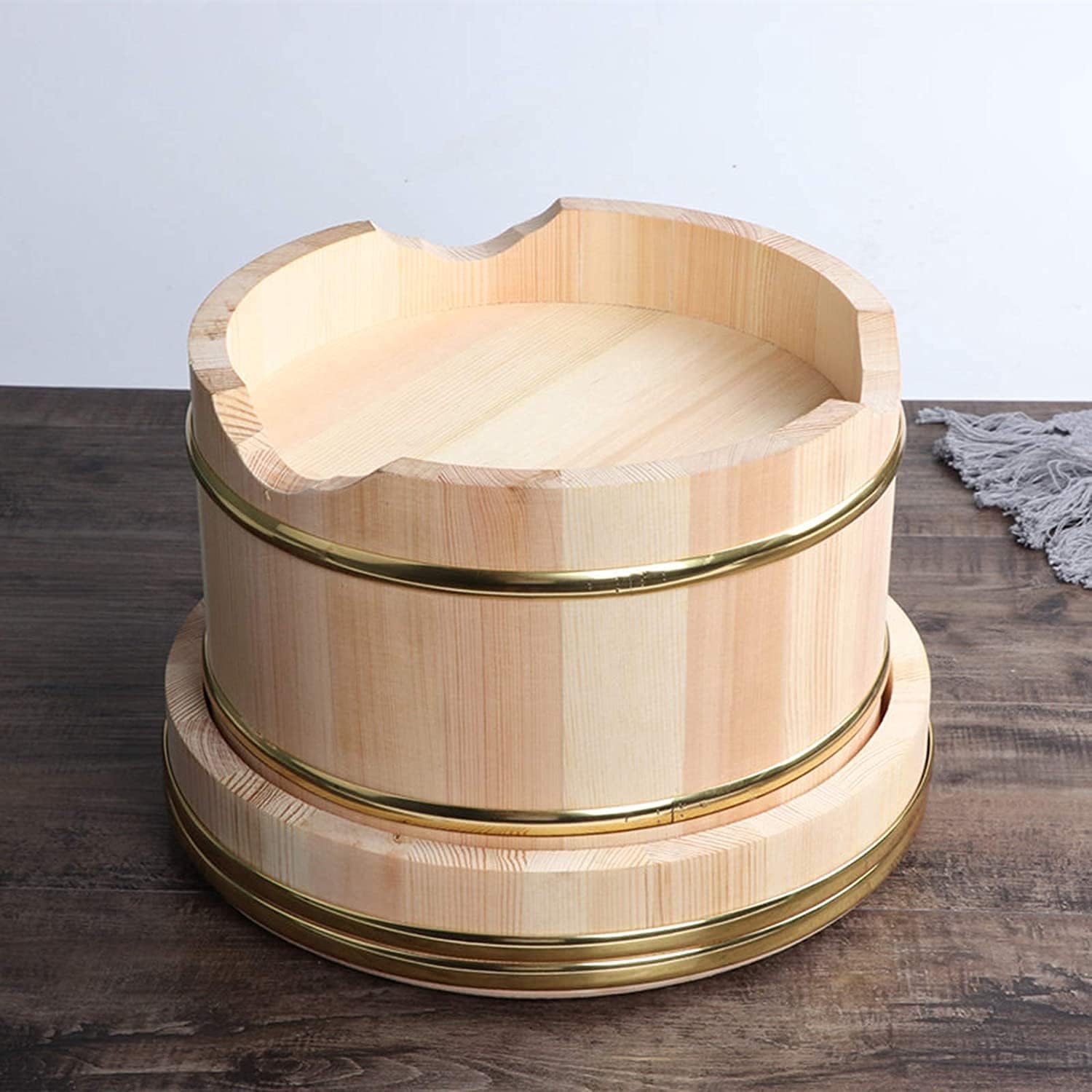 Japanese Wooden Sushi Rice Bowl for Hangiri Sushi Rice Mixing Tub White Fir Wood Sushi Making Accessory Tool, Copper Bands Fixed(Small)