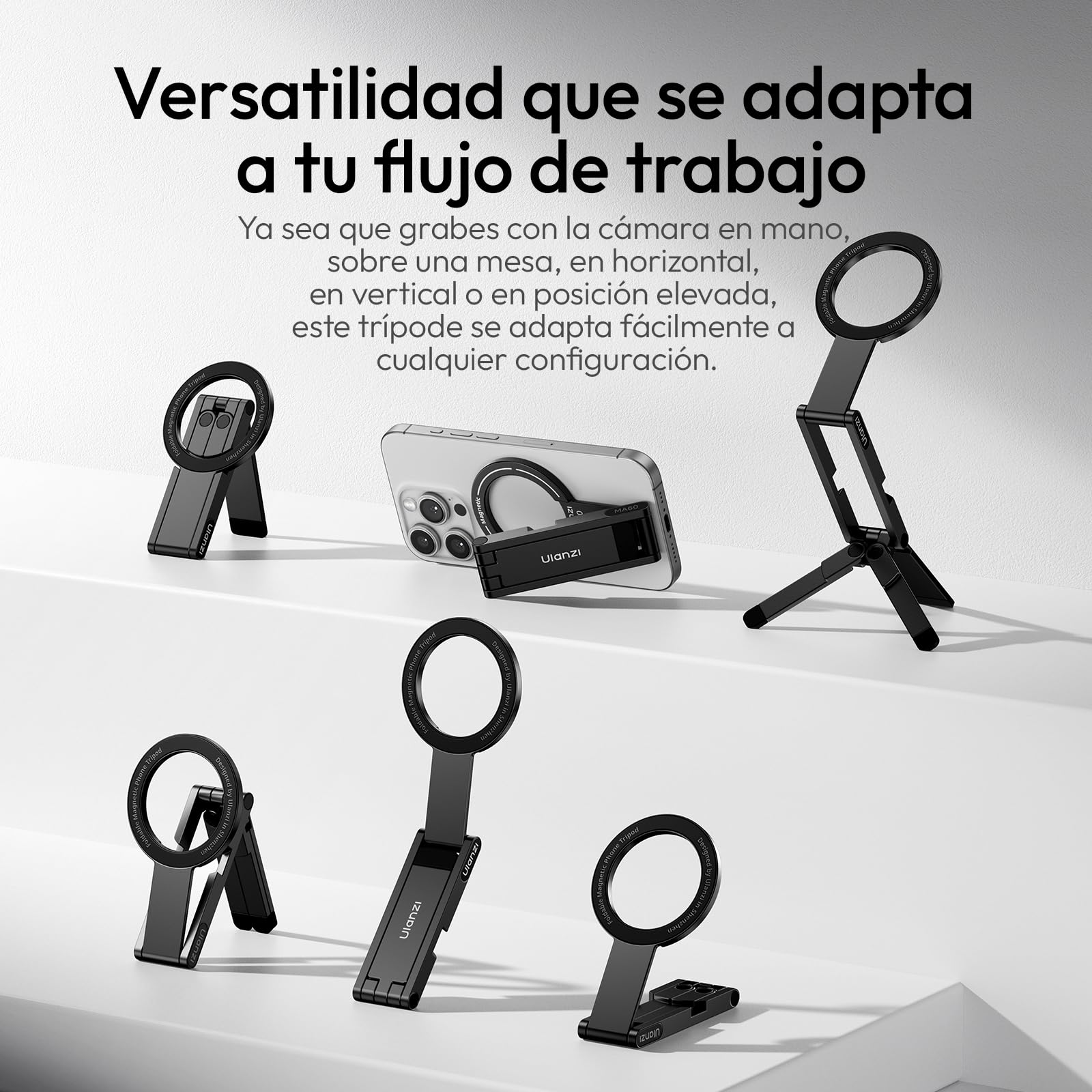 ULANZI MA60 Soporte Magnético para iPhone, Mini Trípode de Aluminio 3 en 1, Soporte Plegable para Teléfono Móvil, Imán Doble de 14N, Compatible con iPhone 17 16, 15, 14, 13, 12 Magsafe, Negro