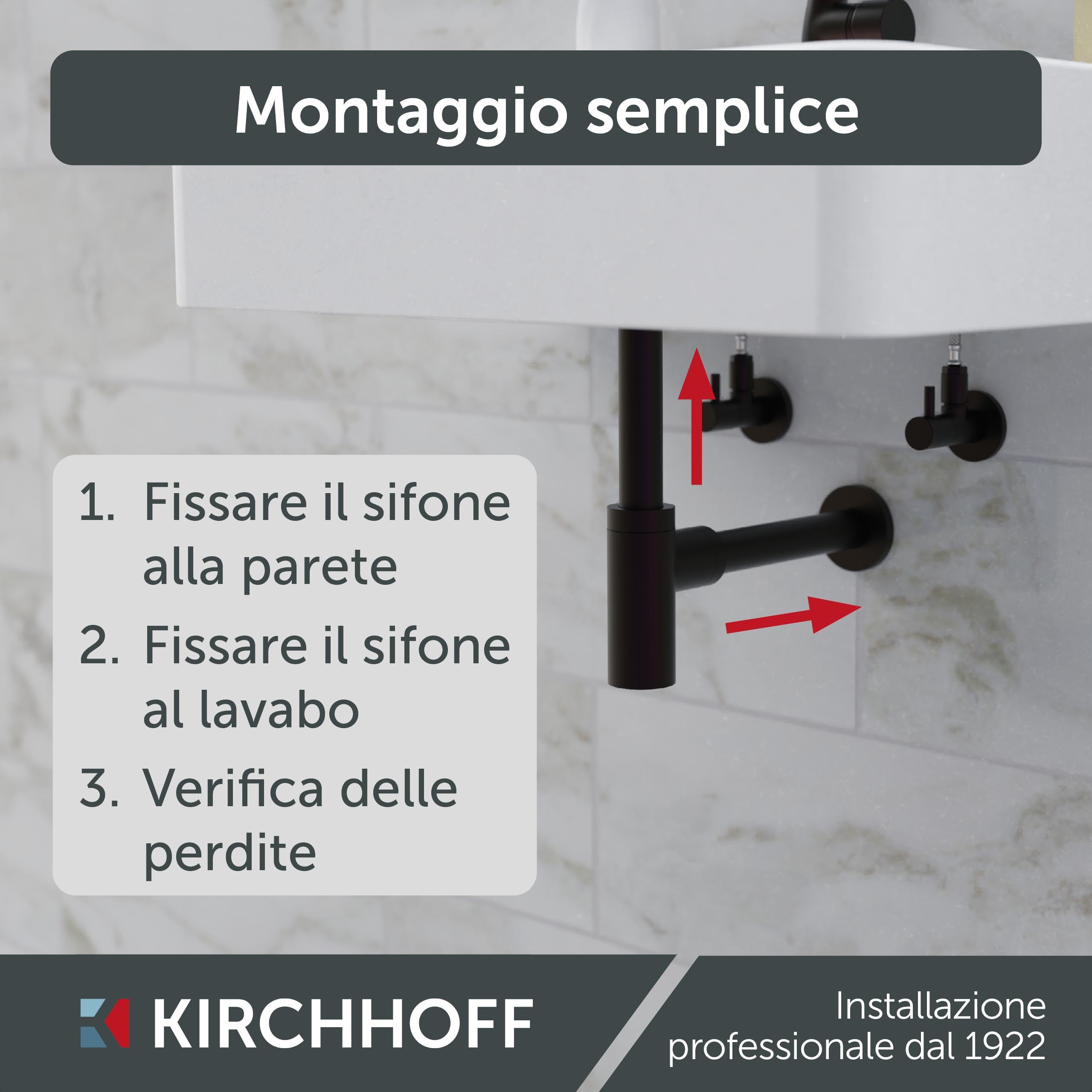 Kirchhoff Sifone di design, sifone per lavabo, in plastica anticorrosione, sifone per lavabo e lavandino, sifone con apertura di pulizia, 98803828, nero