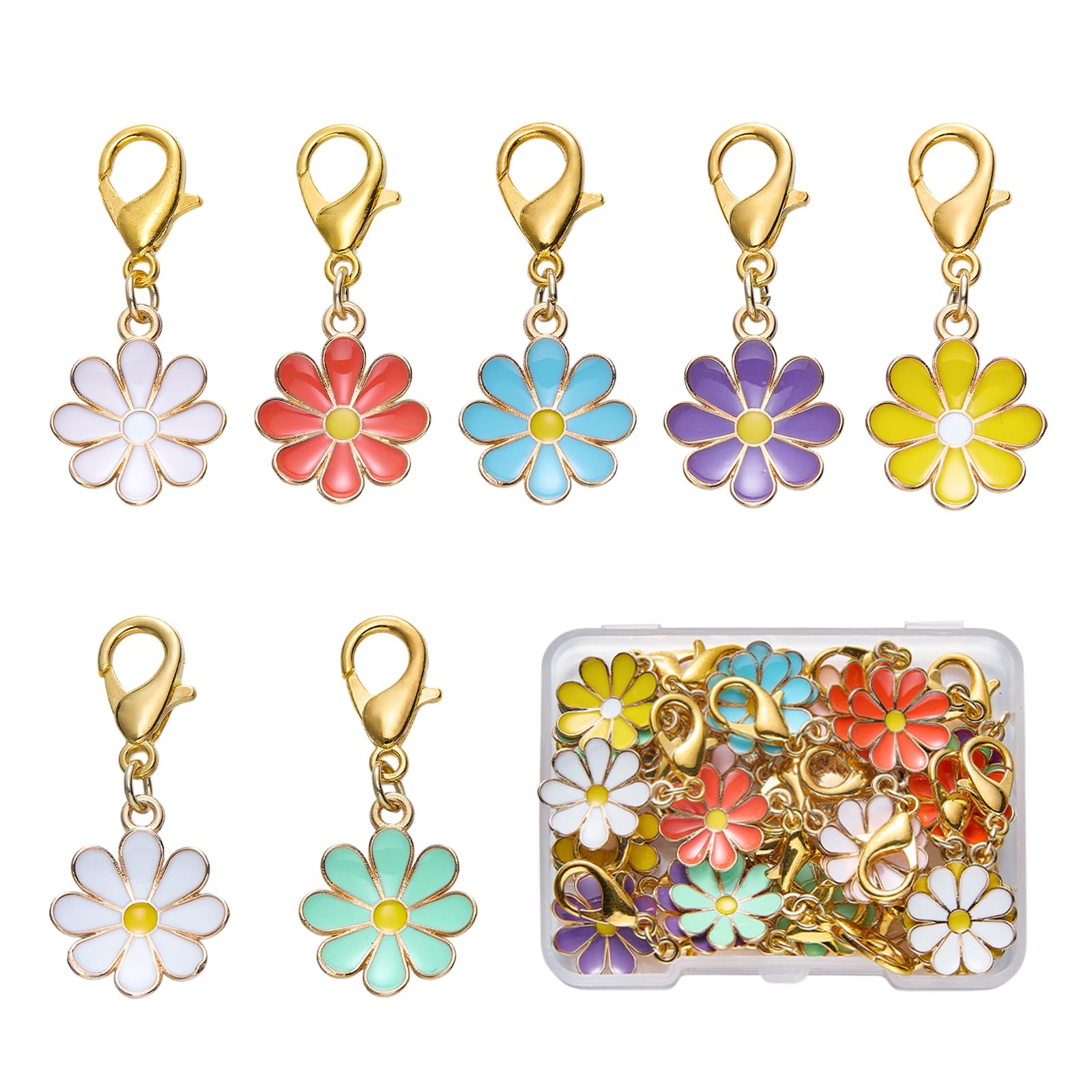 COGCHARGER 28Pcs 7 Color Daisy Flower Bag Purse Keychain Charms for jewellery Making Alloy Enamel with Lobster Claw Clasp Badge Charms for Bracelets Stitch Markers Zipper Pull Clip On Decoration