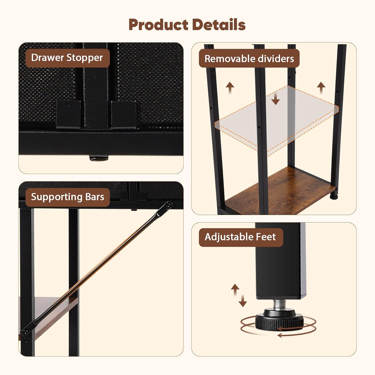 FAHKNS 47 Inch Computer Desk with 3 Fabric Drawers, Small Computer Table with 4 Storage Shelves, Minimalist Style Home Office Desk for Working, Studying and Writing, Brown