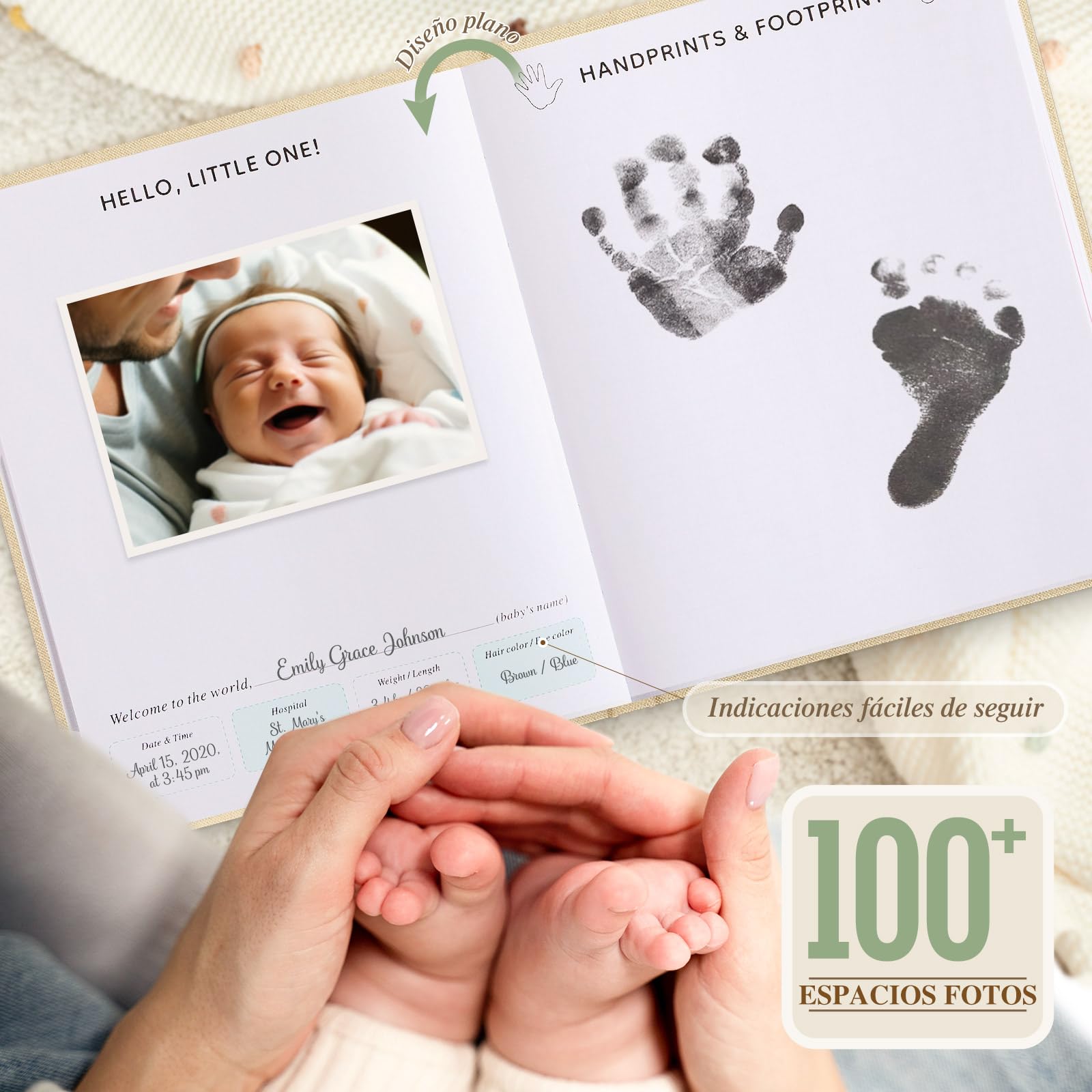 Lanpn Álbum Fotos Bebé Primer 5 Año para Niño Niña, The Story of Your Baby Memory Book, Libro Recuerdos Bebe, Baby's Journal Diario Recién Nacido Regalo (154 Páginas, Inglés, Verde)