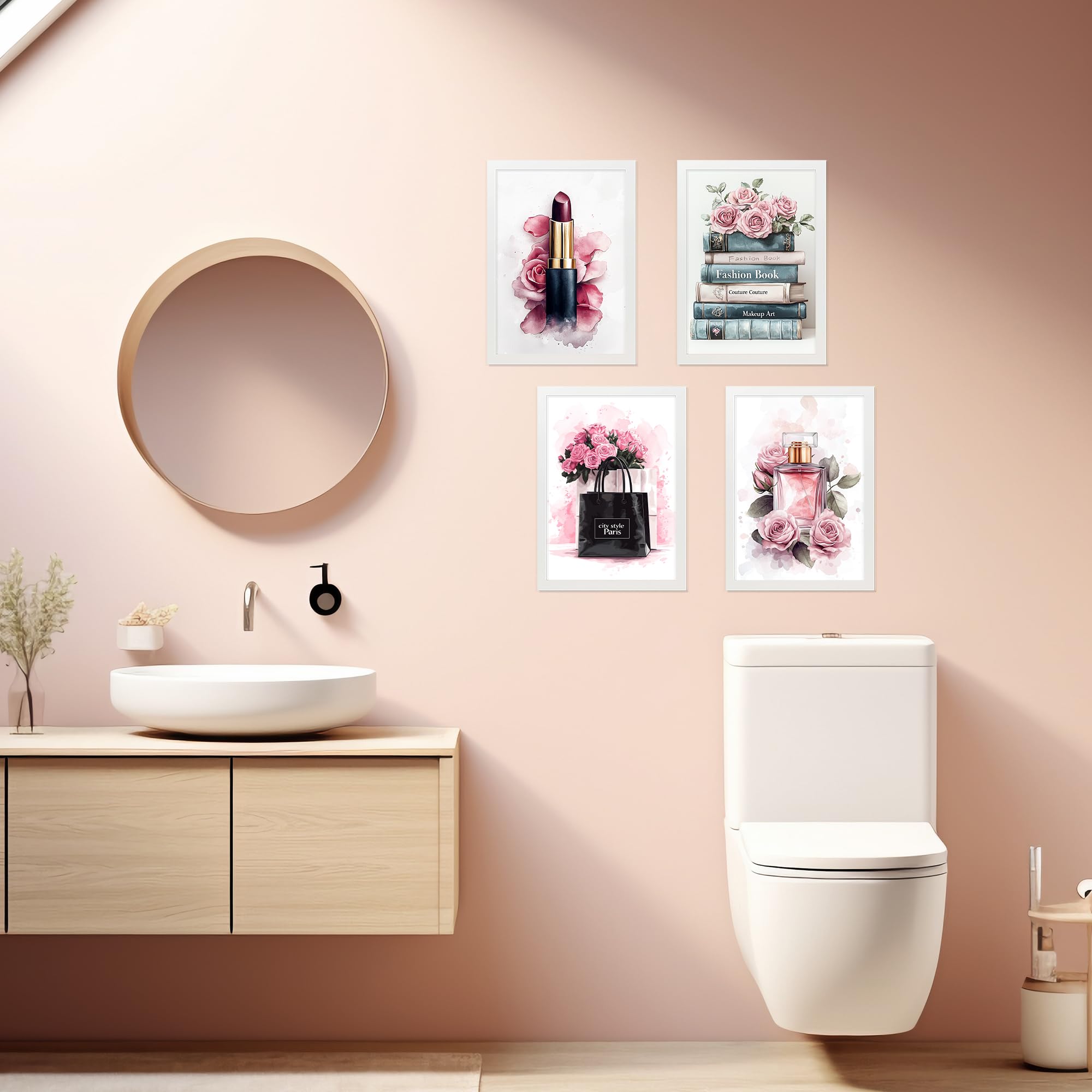 Nacnic Set de 4 Cuadros de Maquillaje y Cosmética Impresión Belleza Flores, Bolso, Perfume, Lápiz Labial ilustración para decorar las paredes del Inodoro, Tocador, Baño, Vestidor Salón A3 Marco Blanco