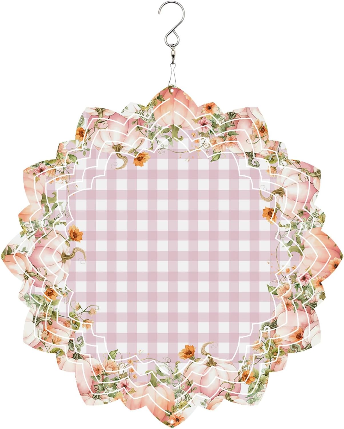 Pink Buffalo Plaid Wind Spinner 3D Stainless Steel, 12 in Lotus Shape Double Sided Hanging Wind Spinners, Thanksgiving Pumpkins Sunflowers Garden Art Wind Sculpture for Yard Porch Front Door
