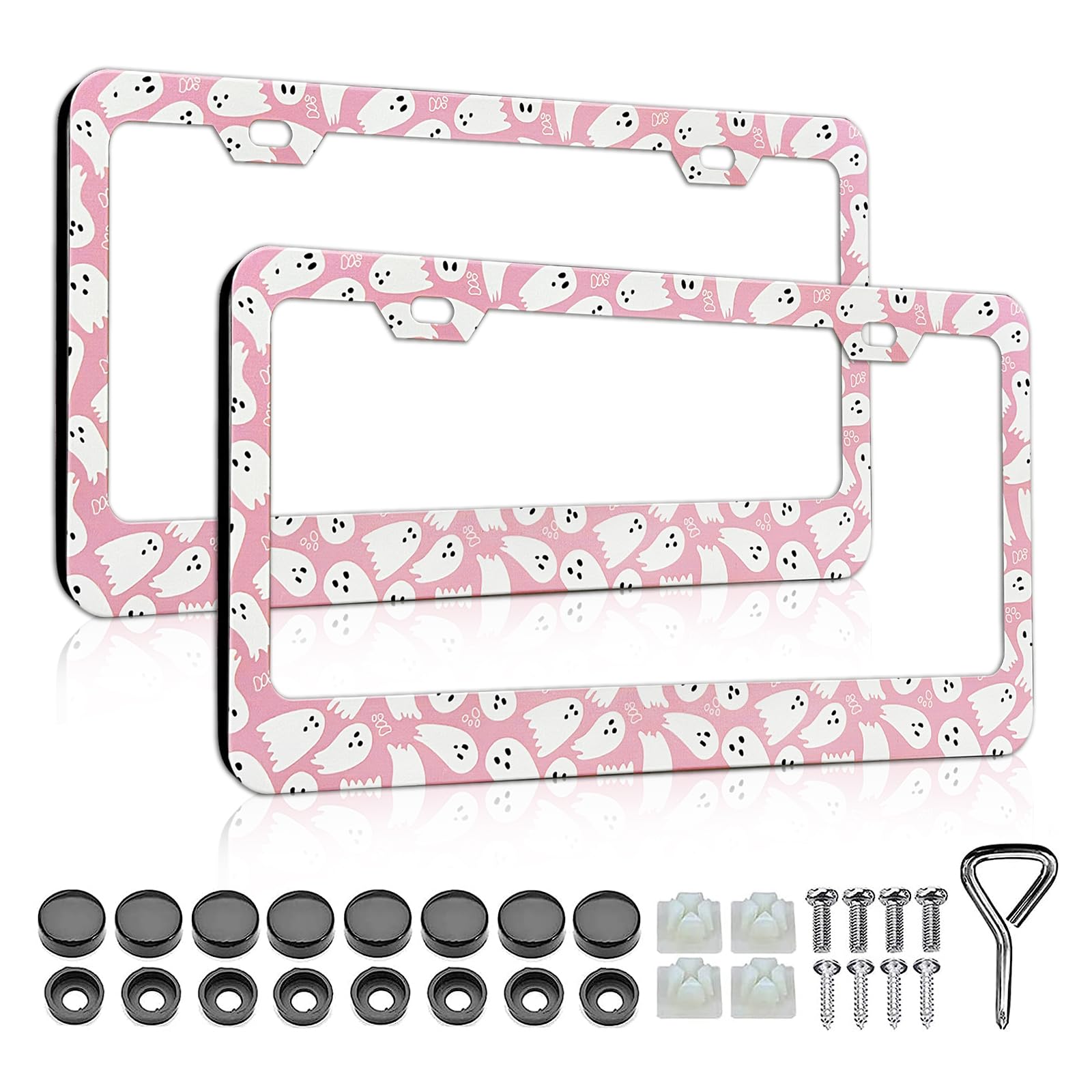 Pink Cute Ghost License Plate Frames for Women - 2 Pack Pink Car Plate Holder Cover Car Accessories for US Canada Standard with Free Screws Fasteners