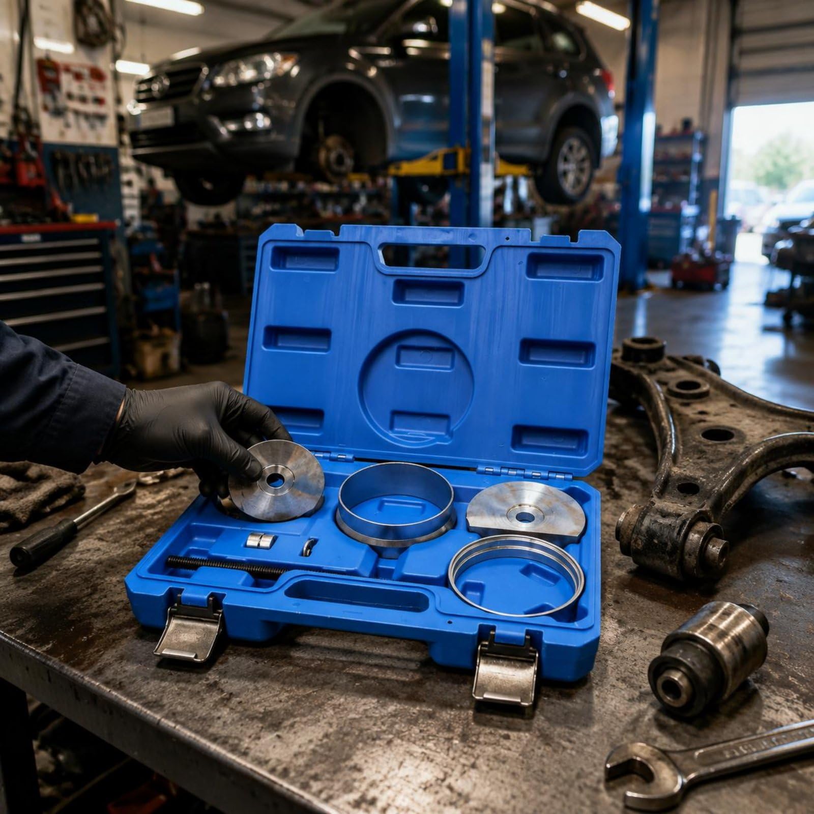 Amagogo 9 Pezzi Kit Rimozione Bushing Sospensione Pressa Boccole Braccio Oscillante Attrezzo Officina in Acciaio con Valigetta Rigida Adatto per Meccanici Riparazioni in Officina Assistenza Mobile