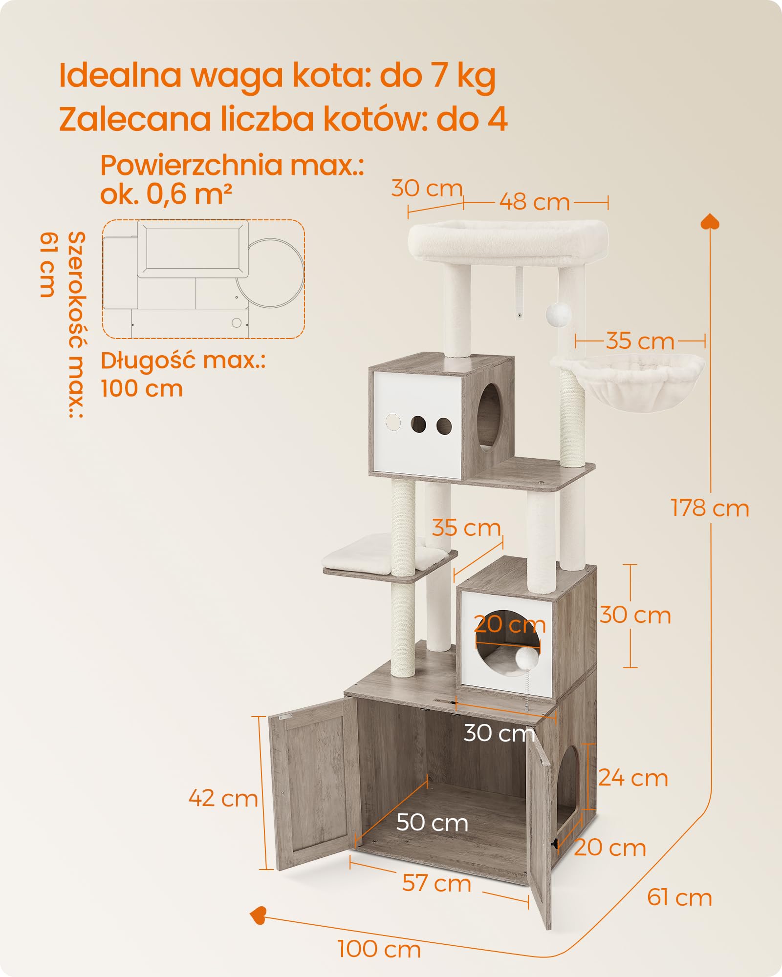 Feandrea Drapak dla Kota z Szafką, Wysokość 185 cm, Kolumna do Drapania, Platforma, Poduszka Nadająca Się do Prania, Szary PCT116G01