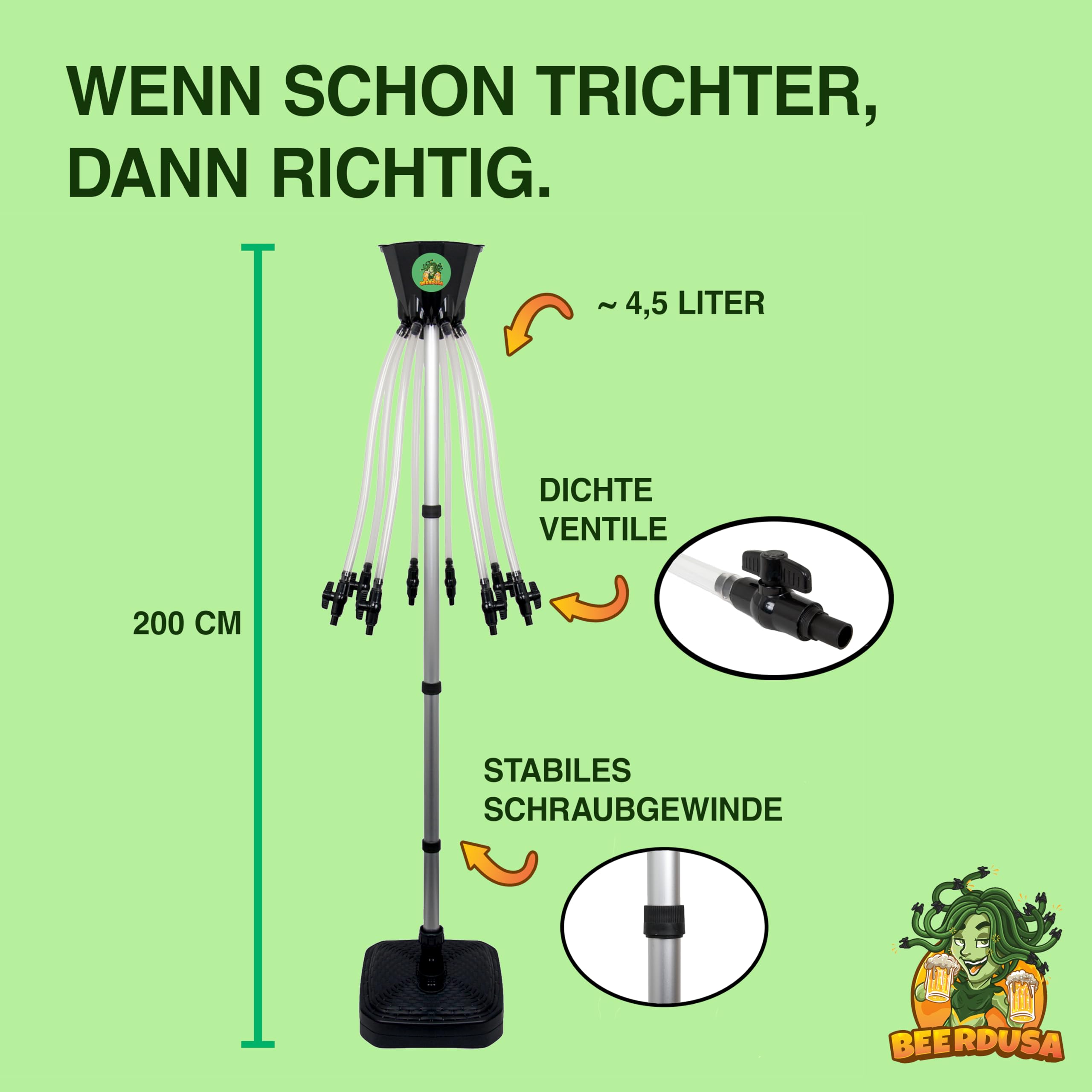 Bierbong Set 8er Biertrichter mit 8 Schläuchen, ca. 4,5L, Bier Trichter Saufen, Party Trinkspiel für Festival, Geburtstag und JGA