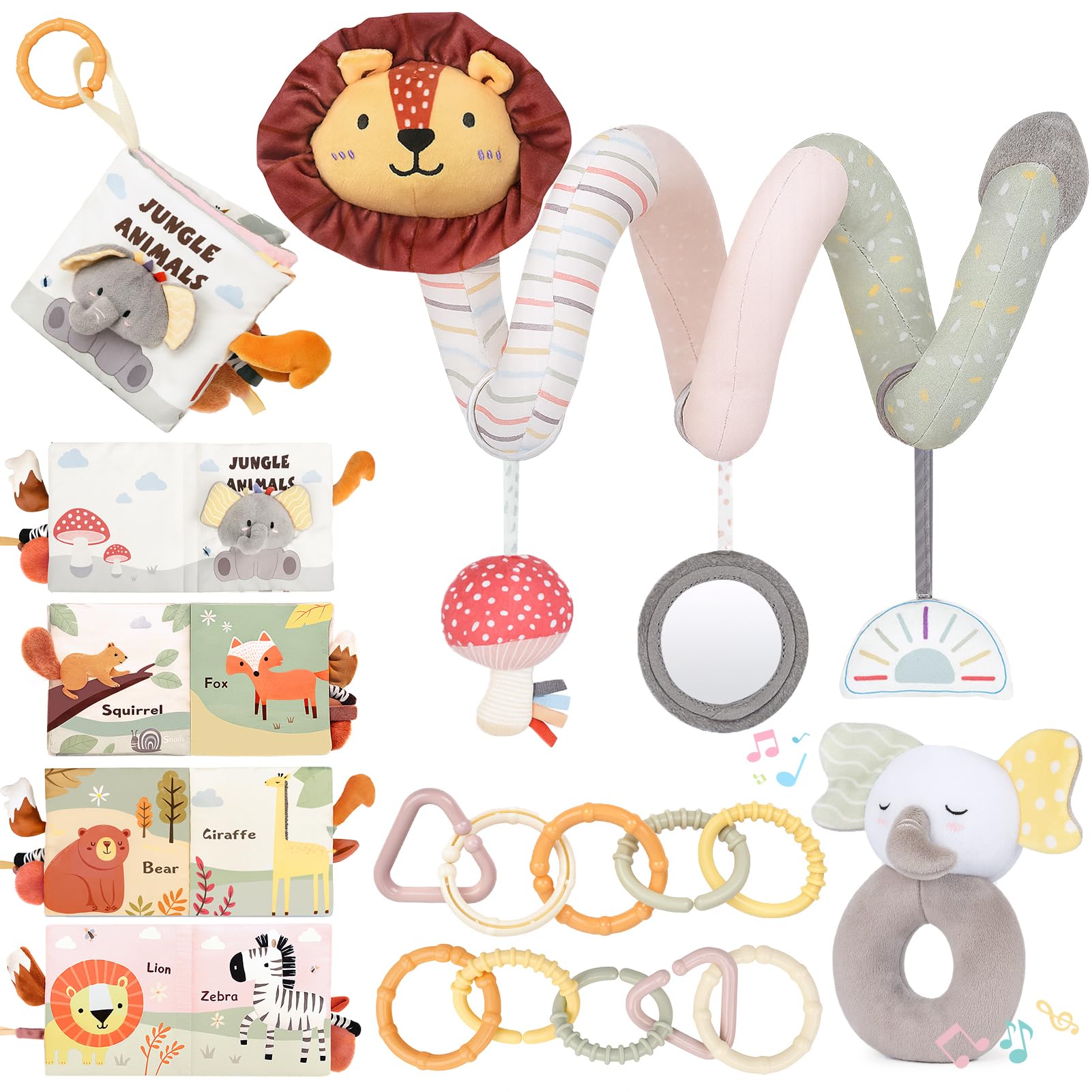 Kit Sensorial Espiral Para Cochecito – 0-12 Meses, Con Espejo Y Sonajero Montessori