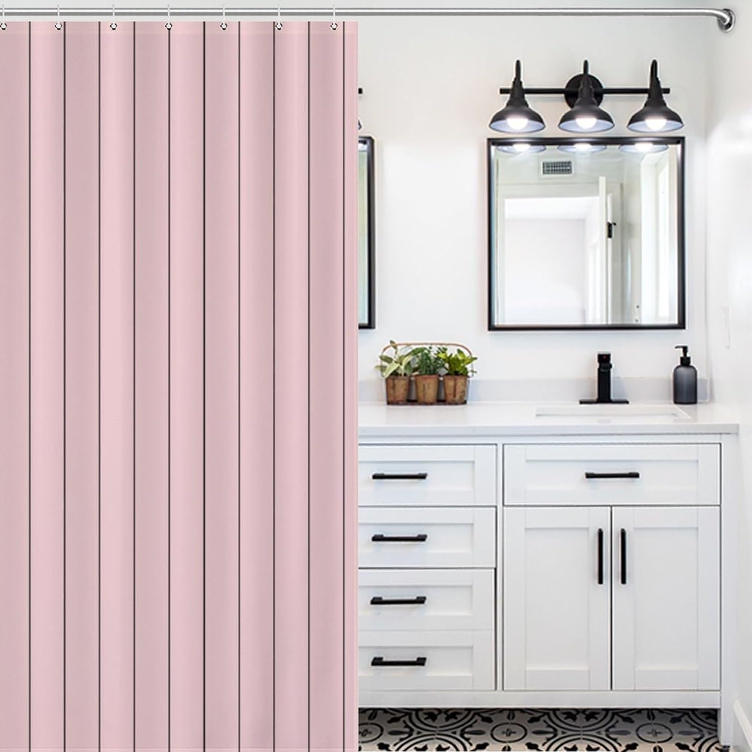 Shower Curtain Liner Set, Pink with Black Stripes Waterproof Washable Fabric Shower Curtain for Bathroom Bathtub Decor 72 x 72inch