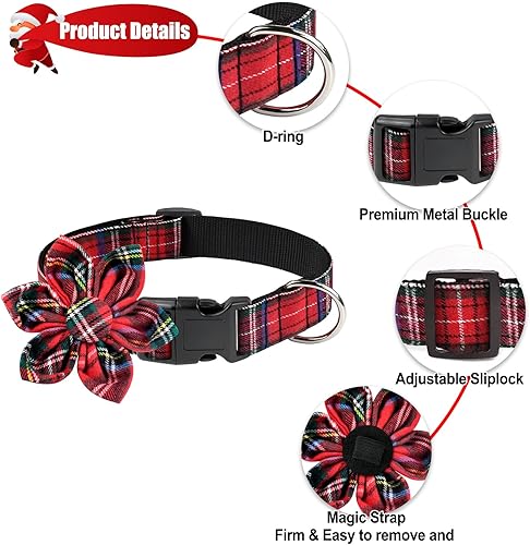 Miniatura 4 de Malier Collar de Navidad para perro con flor, clásico collar de perro a cuadros de búfalo con hebilla, collares de Navidad ajustables con corbatín