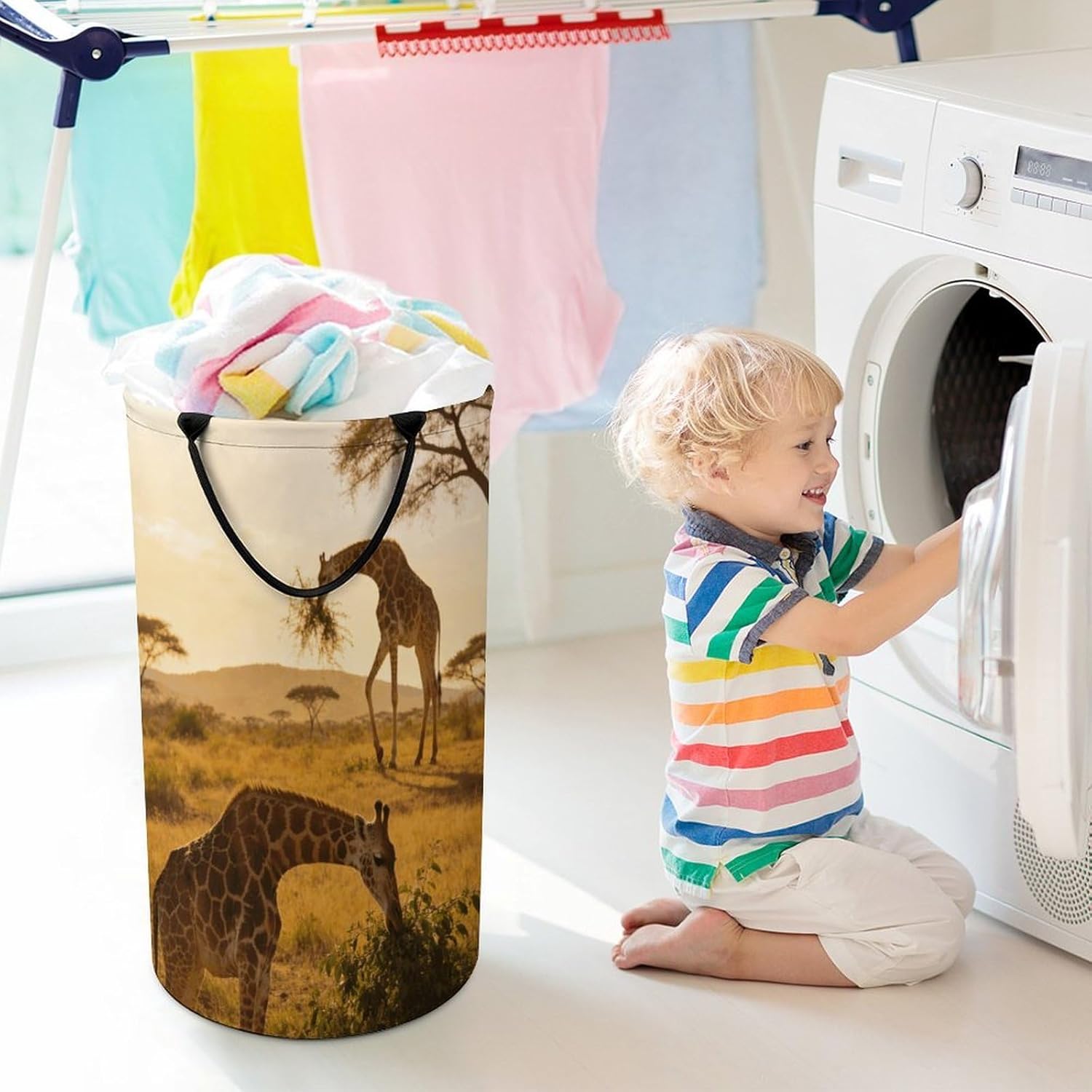 African Giraffes Laundry Hamper 86L Waterproof Collapsible Clothes Basket with Double Handles Freestanding Foldable Laundry Basket Large Clothes Hamper for Bathroom