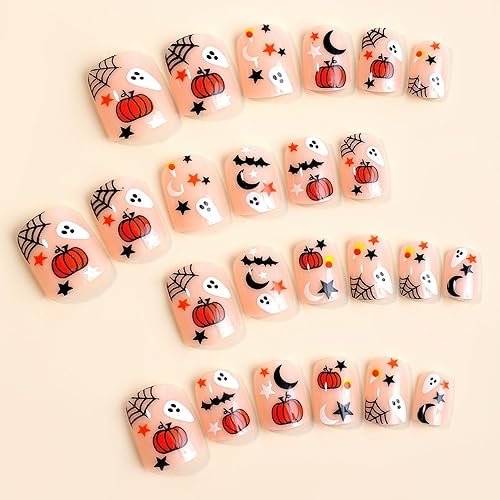 Miniatura 2 de Uñas postizas cortas a presión para Halloween, cuadradas, color rosa, con diseños de fantasma y calabaza, uñas postizas brillantes de cobertura