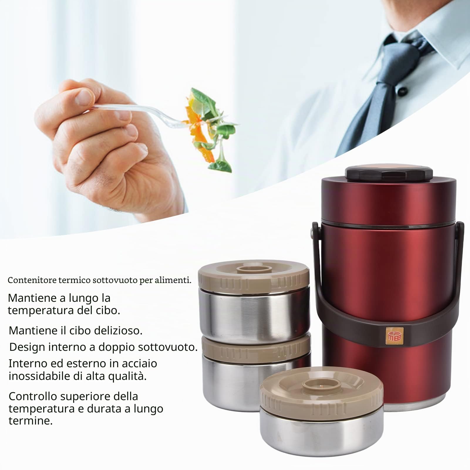 Contenitore termico 2 3L alimenti per bambini acciaio inox 304 3 strati zuppe porridge yogurt rosso