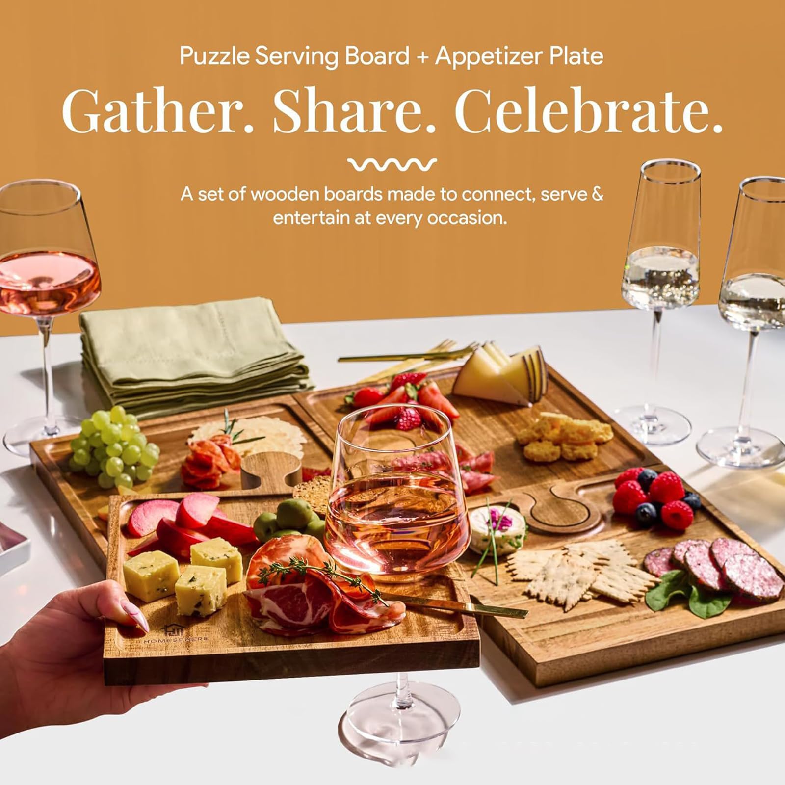 Charcuterie Board Set - 4-teiliges Holzpuzzle Schneidebretter mit Griffen und Aufbewahrungsbox zum Servieren von Fleisch, Gemüse und Obst auf Partys oder Zuhause