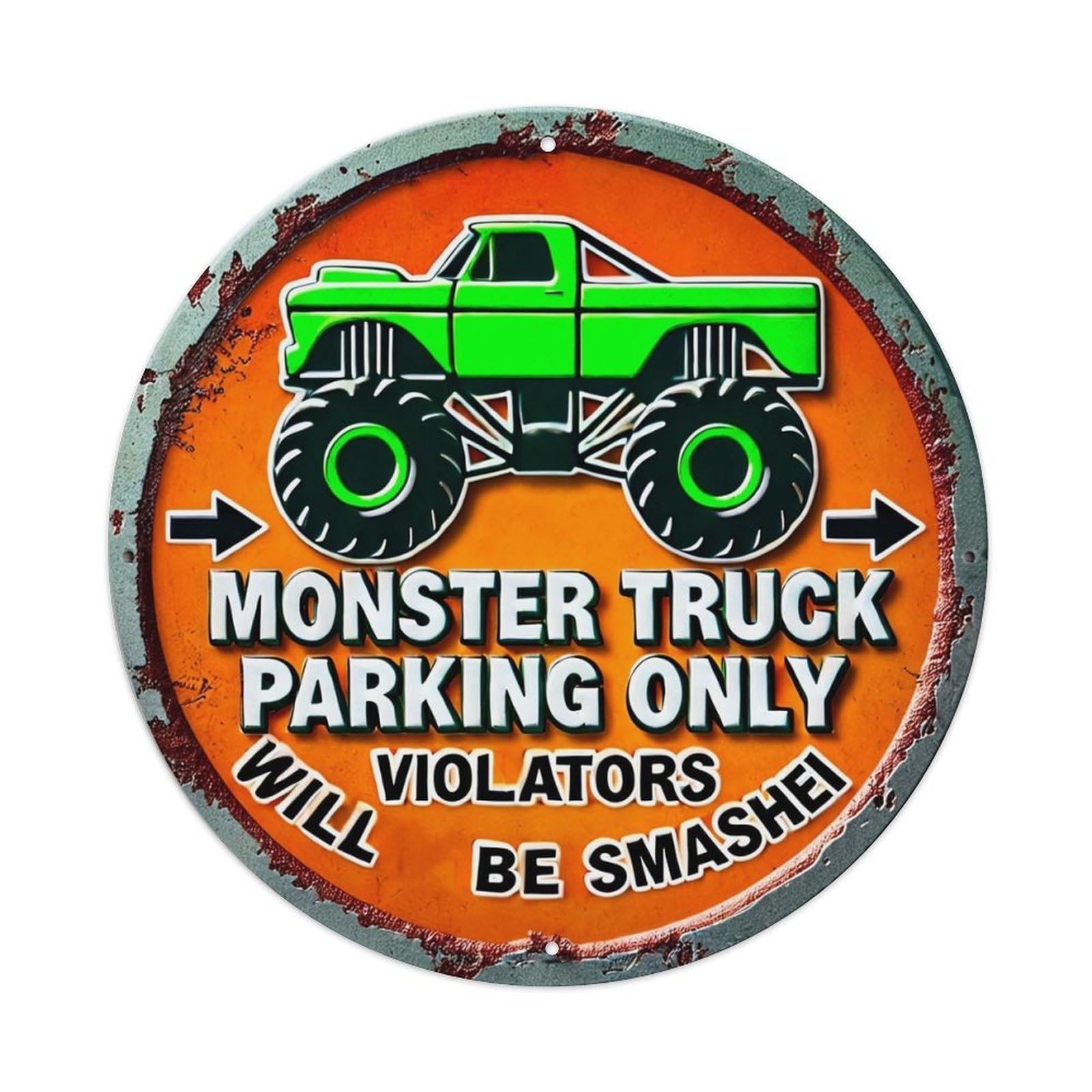 Monster Truck Parking Only Violators Will Be Smashed Round Metal Tin Sign Vintage Wall Decor, Bar Garage Cafe Kitchen Home Wall Art Poster 8x8inches