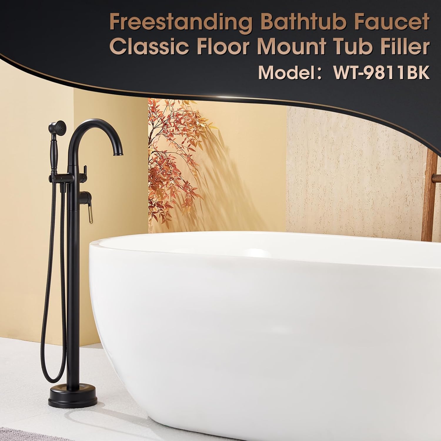 Freestanding Bathtub Faucet Black & Rose Gold Tub Filler High Flow 6.65GPM@60PSI Floor Mount Tub Faucets with Vintage Hand Shower