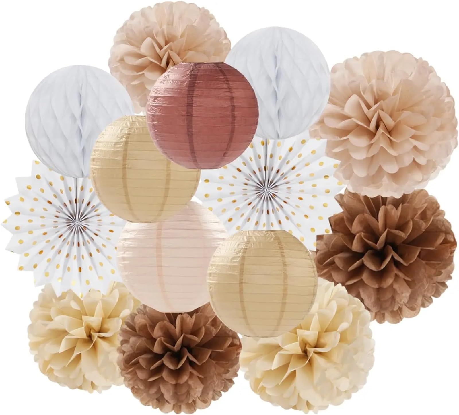 Paper Pompom 14Pcs Lantern Tissue Pom Poms Honeycomb for Wedding Bridal Shower Birthday Party Decoration for Party(Khaki White)