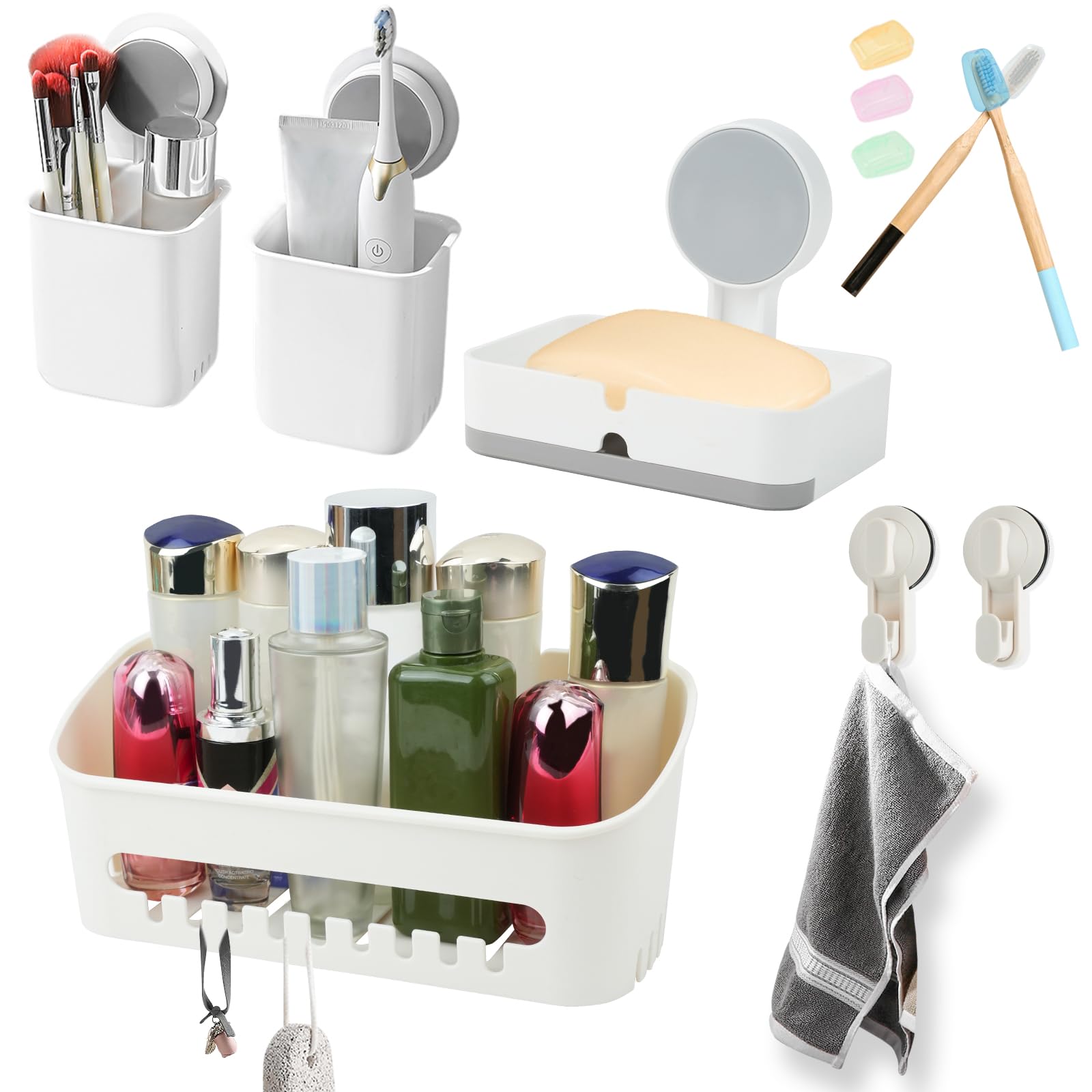 16PCS Shower Organizer Basket Set Bathroom Organiser Basket Waterproof Toothbrush Holder Removable Suction Cup Towl Hooks Self Adhesive