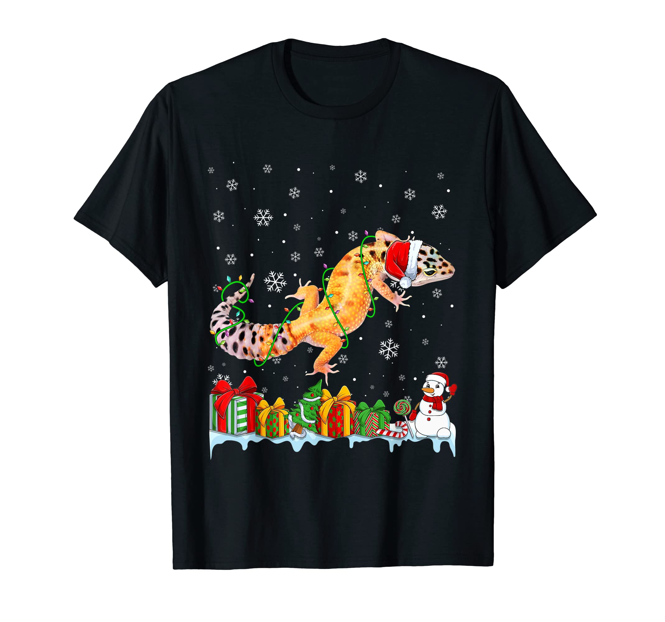 Funny Santa Hat Leopard Gecko Christmas Lights Animals Lover T-Shirt