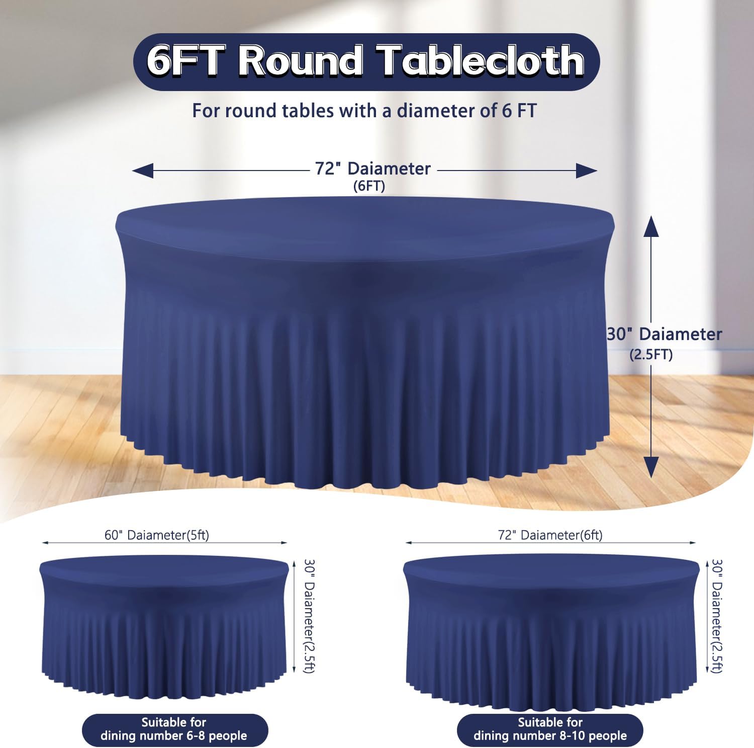 8 Pack 132inch Navy Blue Round Tablecloth, Circle Stretch Table Cloths for 6 FT Tables, Wrinkle Free Round Table Skirt for Wedding Birthday Photography Social Events Engagement Party Decorations